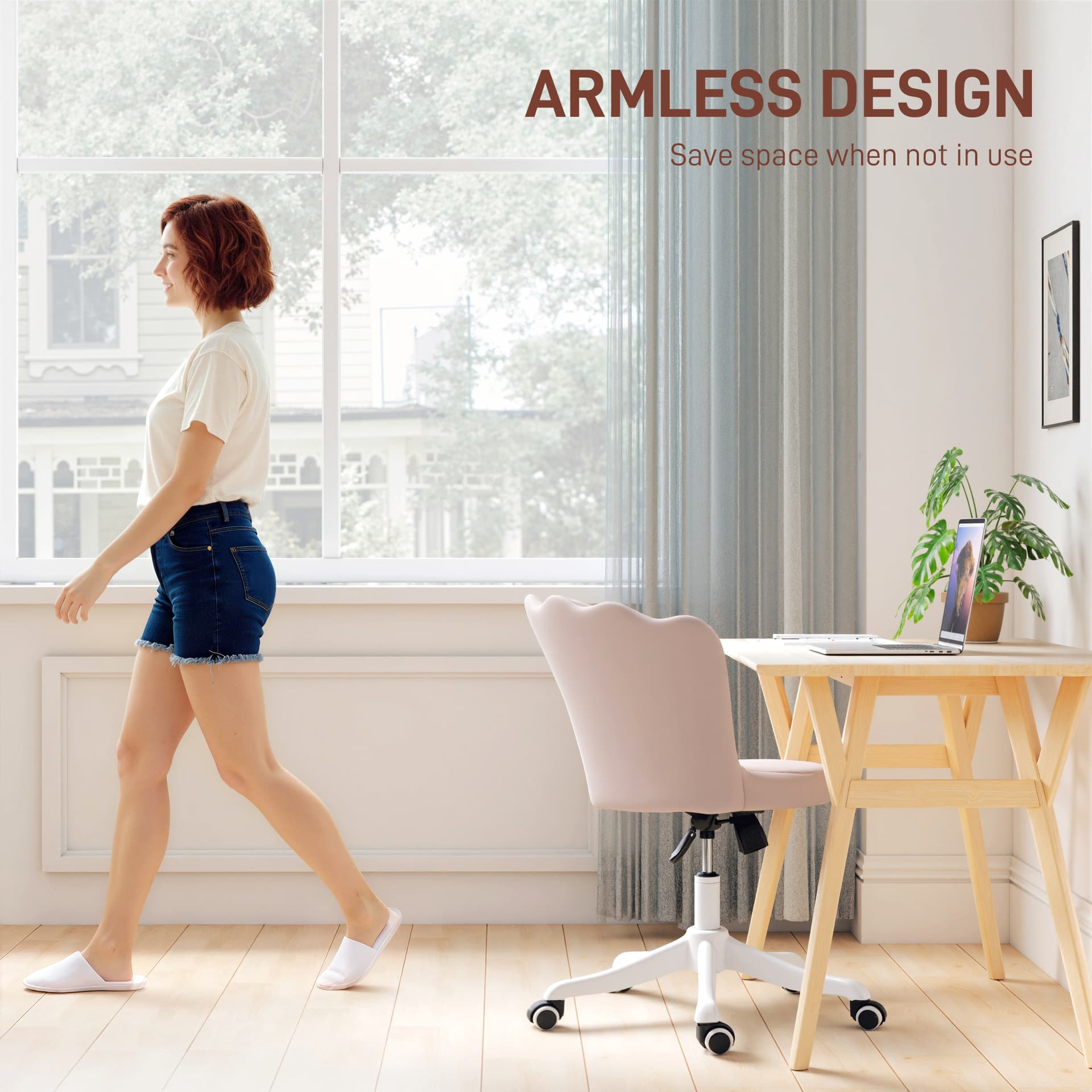 Office Chair, Armless Swivel Desk Chair with Adjustable Height, Backrest, Tilt Function for Office, Vanity, Pink