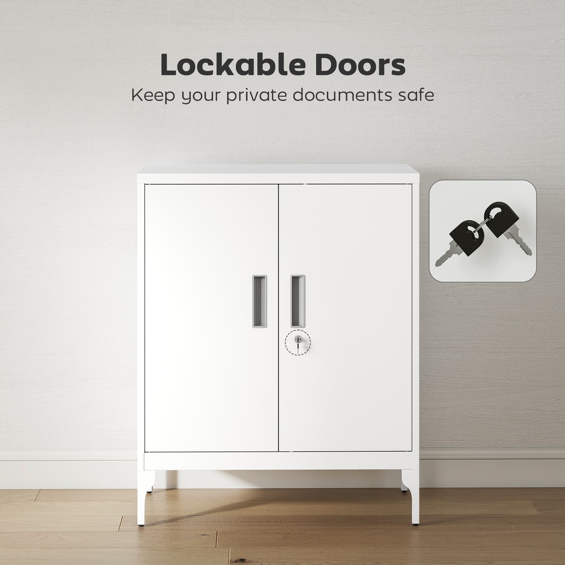 Office Storage Cabinet with Lock, Filing Cabinet with Adjustable Shelves and Doors for Home Office, Garage, White