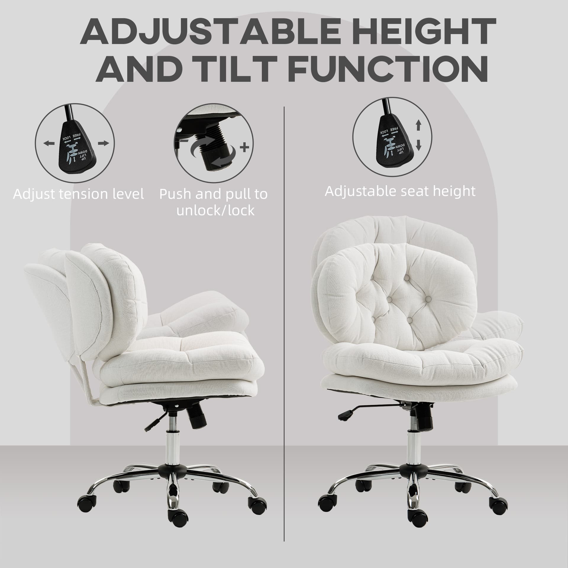 Computer Desk Chair, Armless Office Chair with Wide Padded Seat and Adjustable Height, Cream White