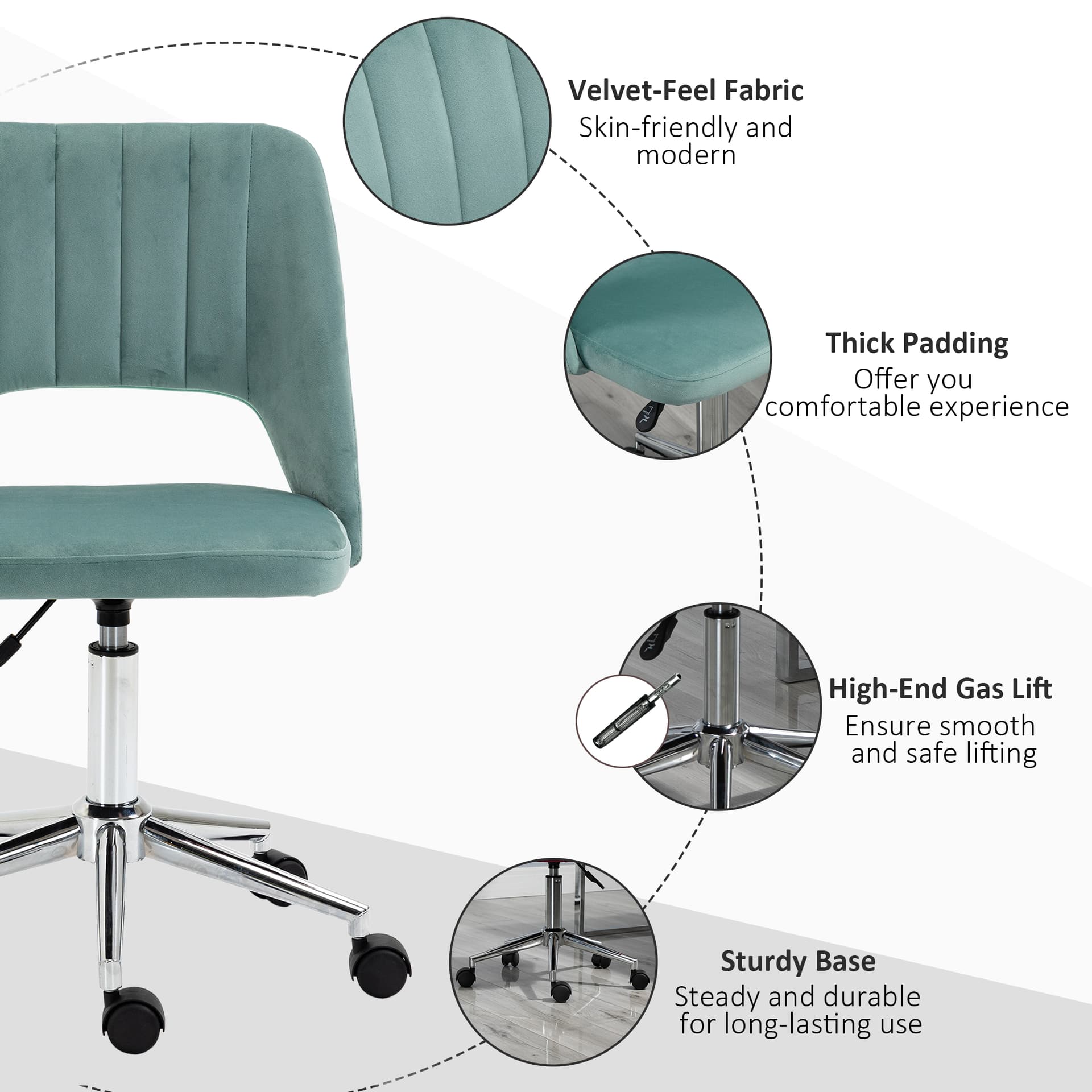 Mid Back Office Chair Velvet Fabric Swivel Scallop Shape Computer Desk Chair, Green