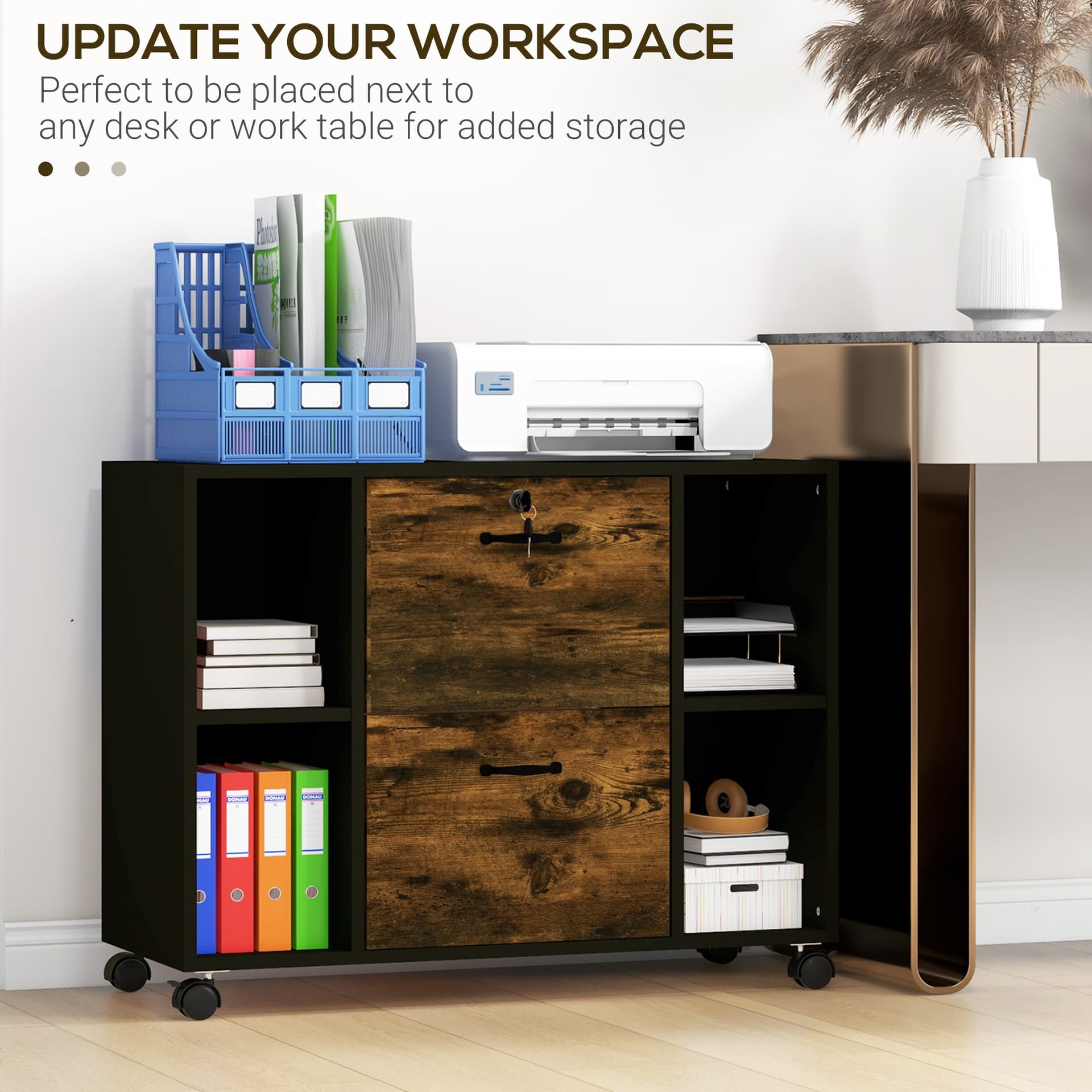Lateral Filing Cabinet with Wheels and Lockable Drawer, File Cabinet, Mobile Printer Stand with Open Shelves for Letter and A4 Size Documents for Home Office, Rustic Brown
