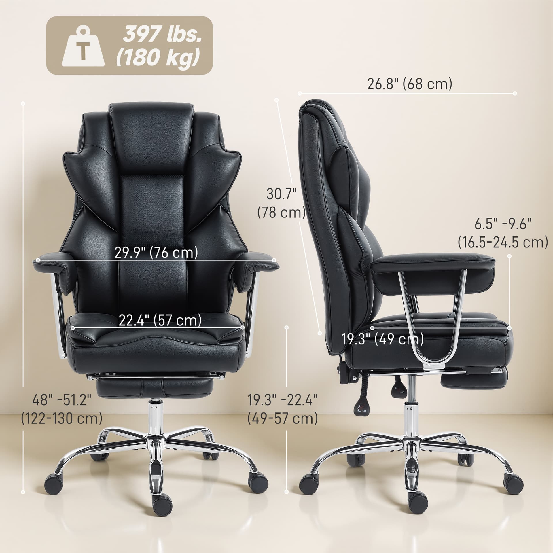 Big and Tall Office Chair, 400 lbs Overstuffed Desk Chair with Shaped Foam, Reclining Backrest, PU Leather