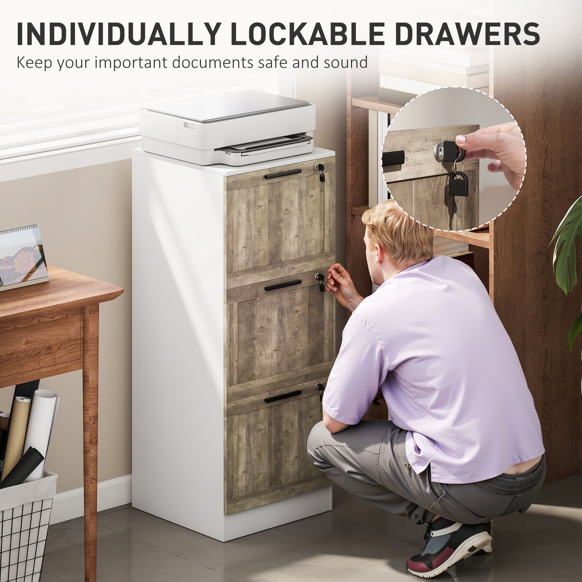 3 Drawer Filing Cabinet, Farmhouse File Cabinet with Lock, Adjustable Hanging Rails for A4 Letter Size Files, White