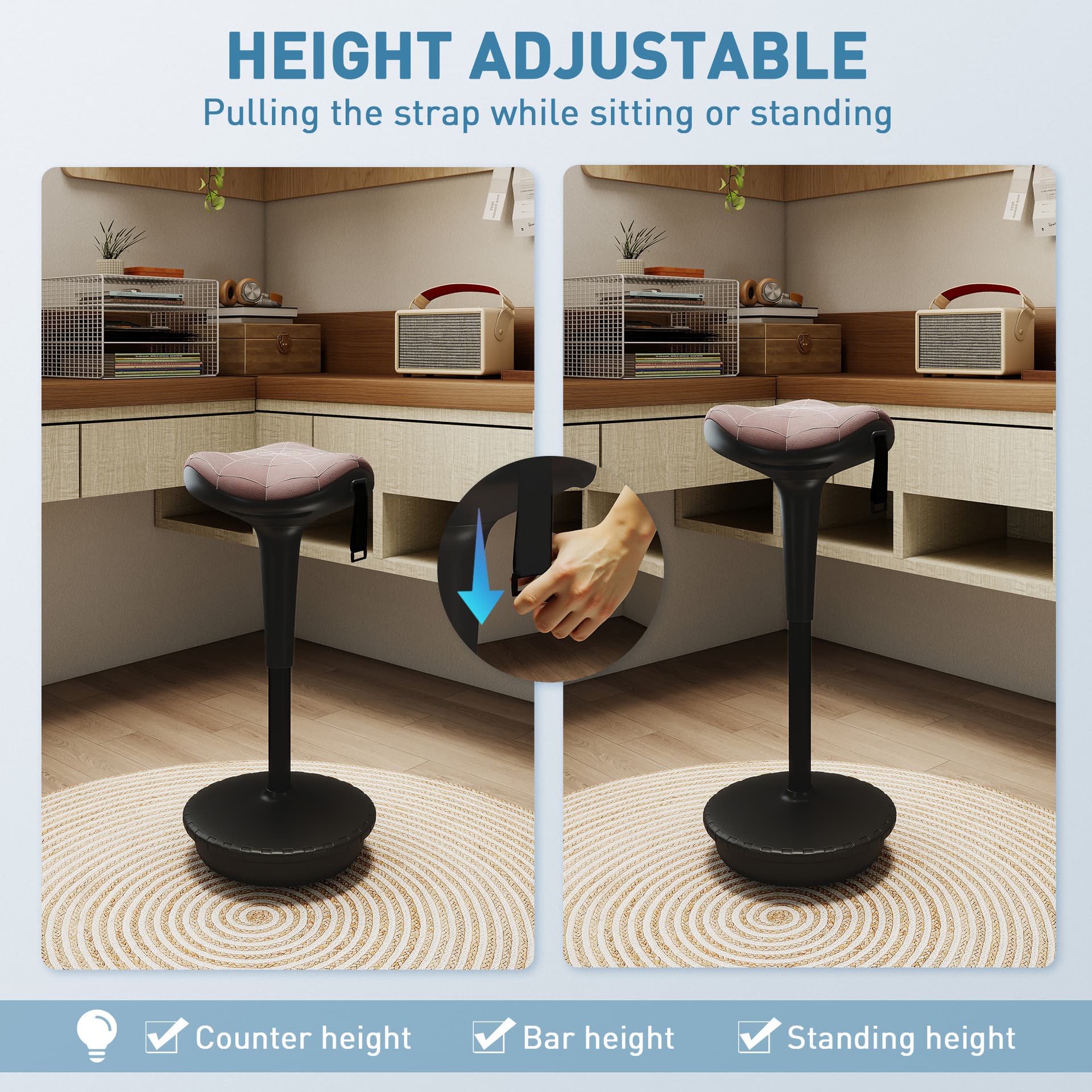 Backless Wobble Stool Chair, Standing Desk Chair, Adjustable Learning Stool for Office Desks, with Rocking Motion, Brown