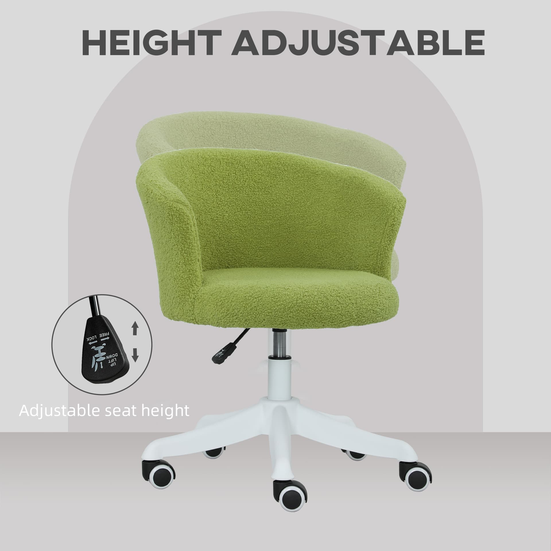 Armless Office Chair, Fluffy Computer Desk Chair with Adjustable Height, Swivel Wheels, Mid Back, Light Green