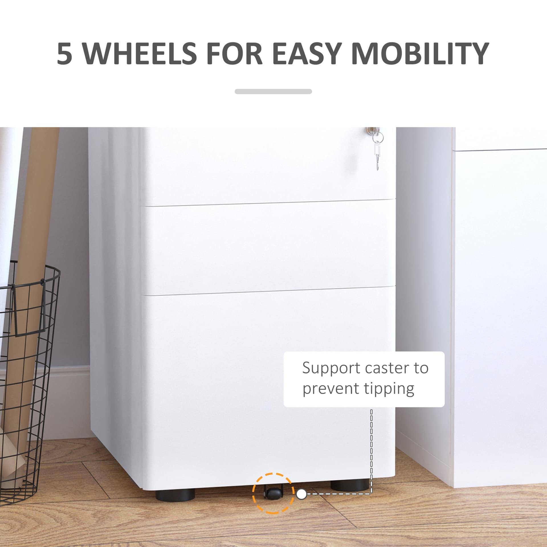 3 Drawer Filing Cabinet, Steel Home Office Storage Cabinet with Wheels, Lock for A4, Letters, Legal-sized Files, White