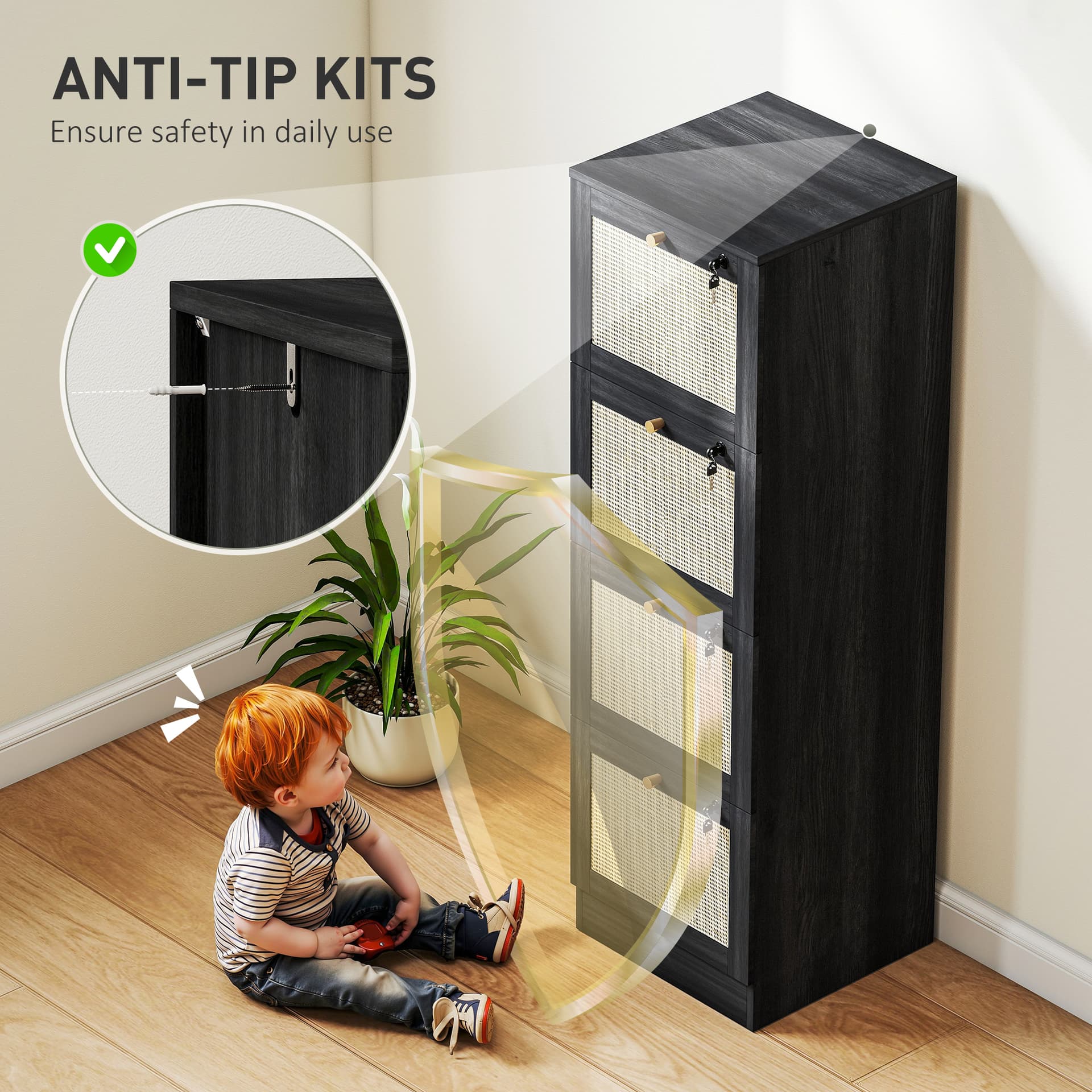 4 Drawer Filing Cabinet with Lock, Boho File Cabinet for A4 Letter Size Files with Decorative Rattan Accents, Black