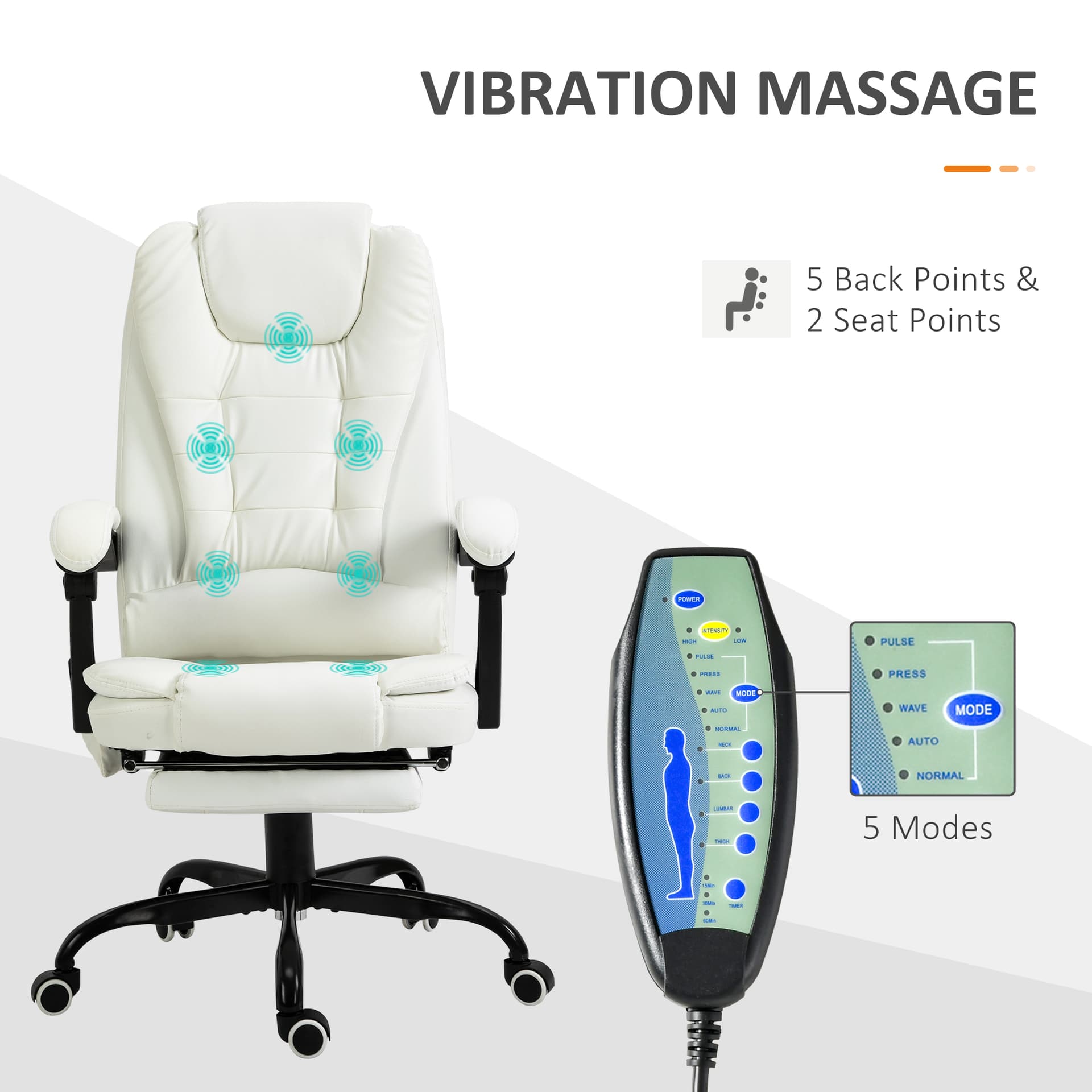 7-Point Vibrating Massage Chair, Reclining Office Chair with Footrest, Reclining Back, Adjustable Height, White