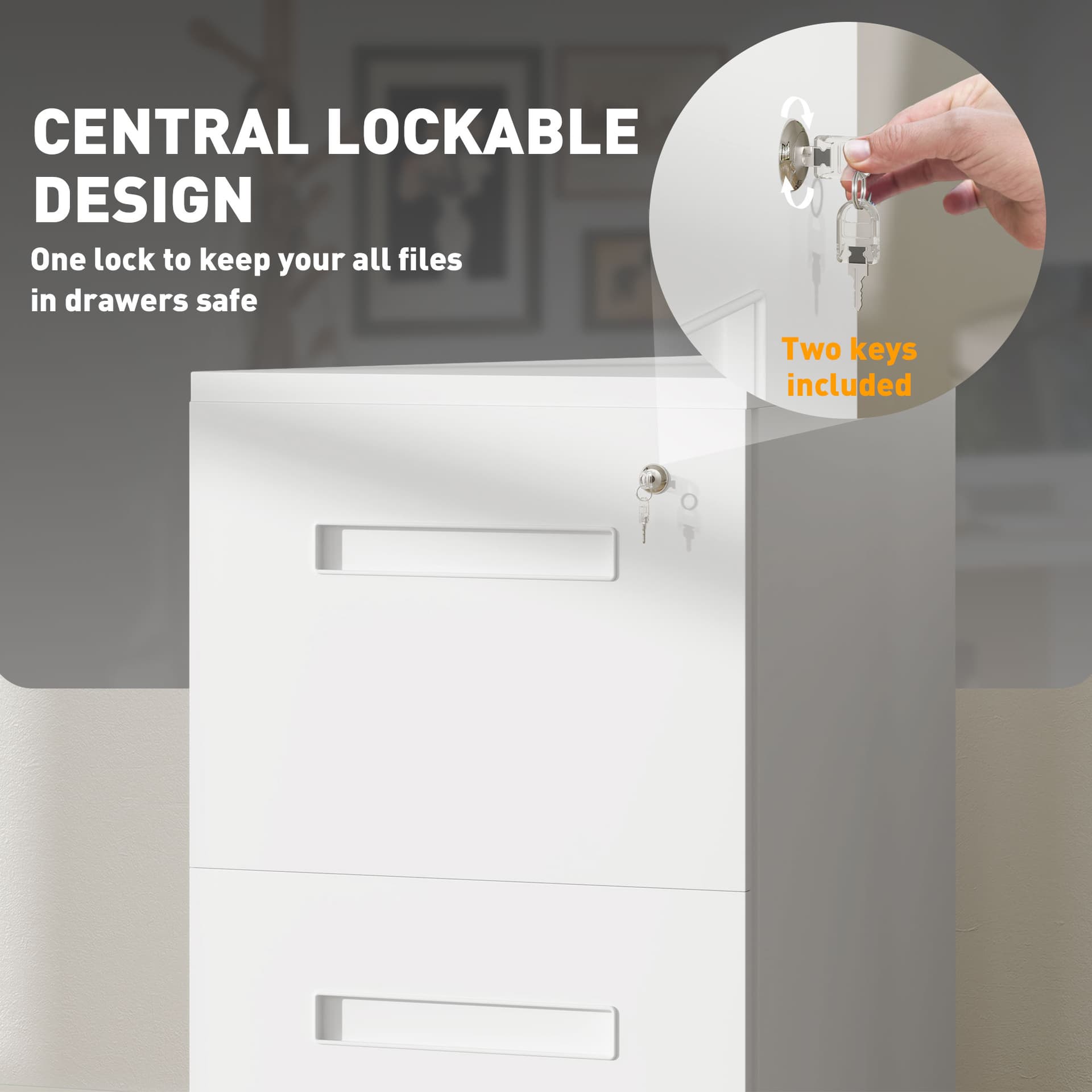 File Cabinet, Vertical Filing Cabinet with Adjustable Partition for A4 Letter Size, Lockable for Office, White