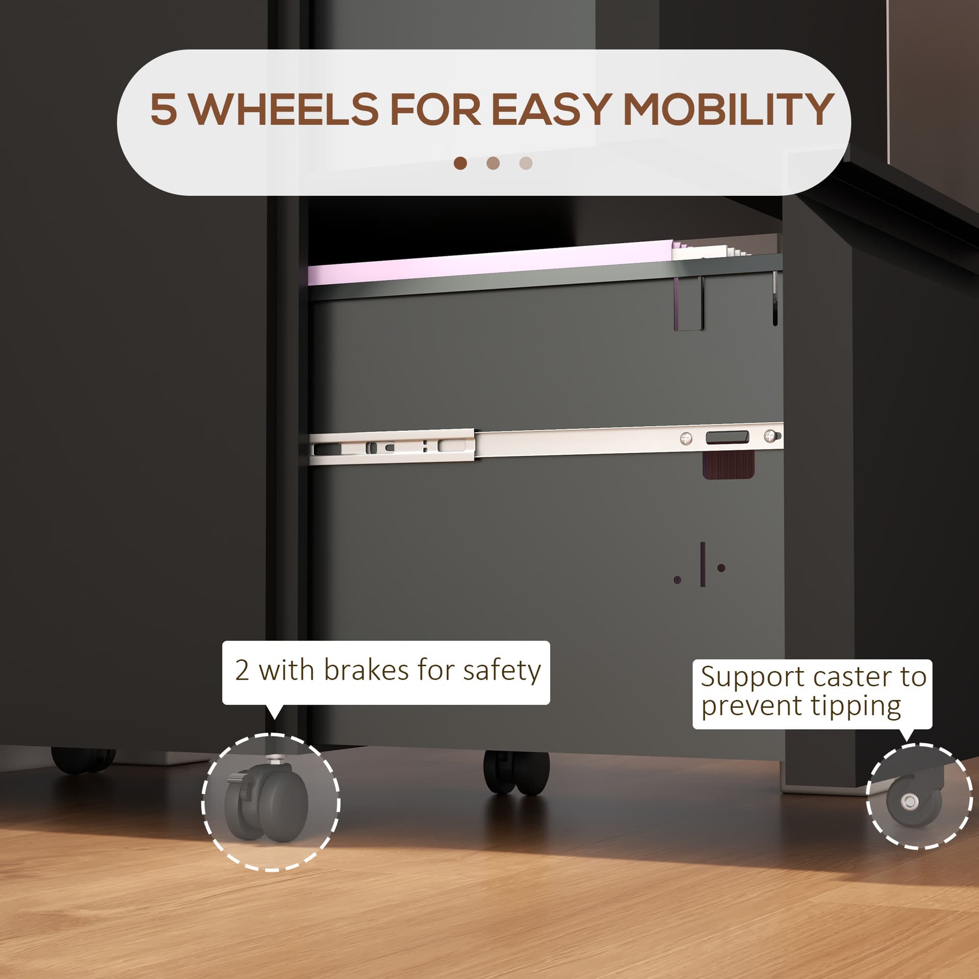 Mobile Vertical Filing Cabinet with Lock, 2-Drawer Steel File Cabinet with Adjustable Hanging Bar for Letter, A4 and Legal Size, Black