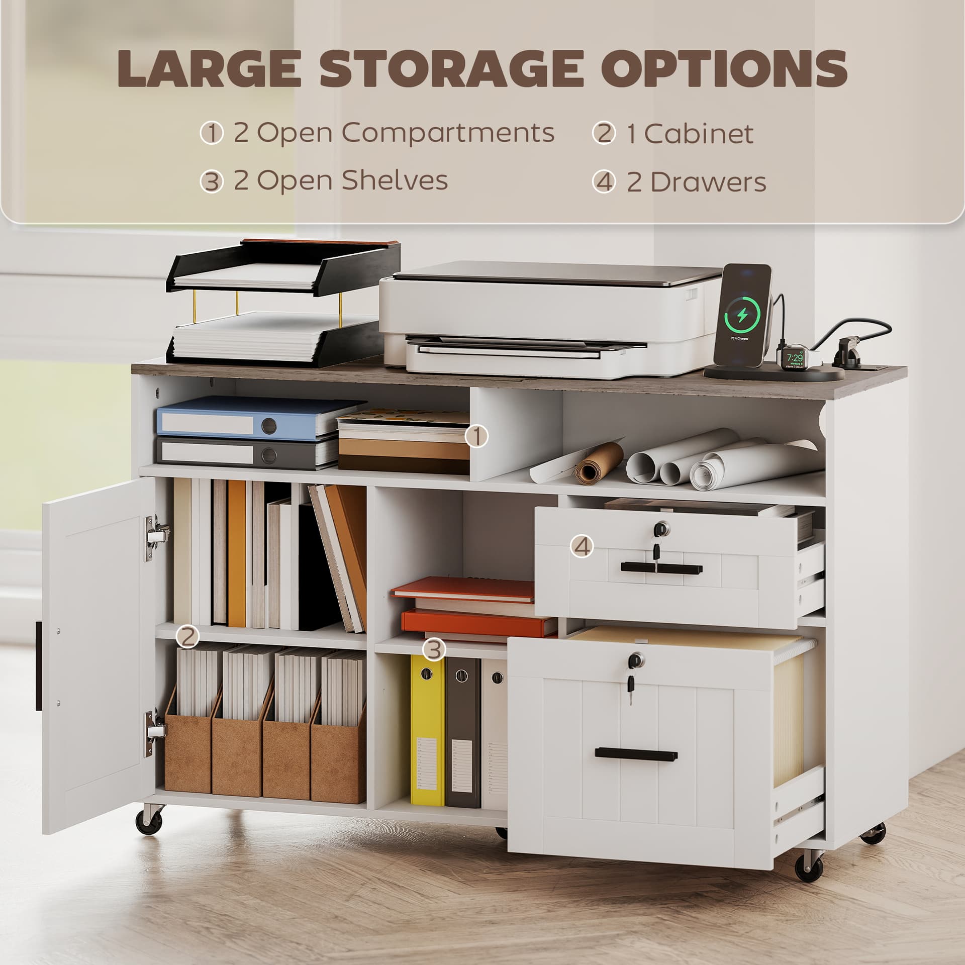 Mobile Printer Stand with Charging Station and USB Ports, Locking Filing Cabinet for A4 and Letter Size, White