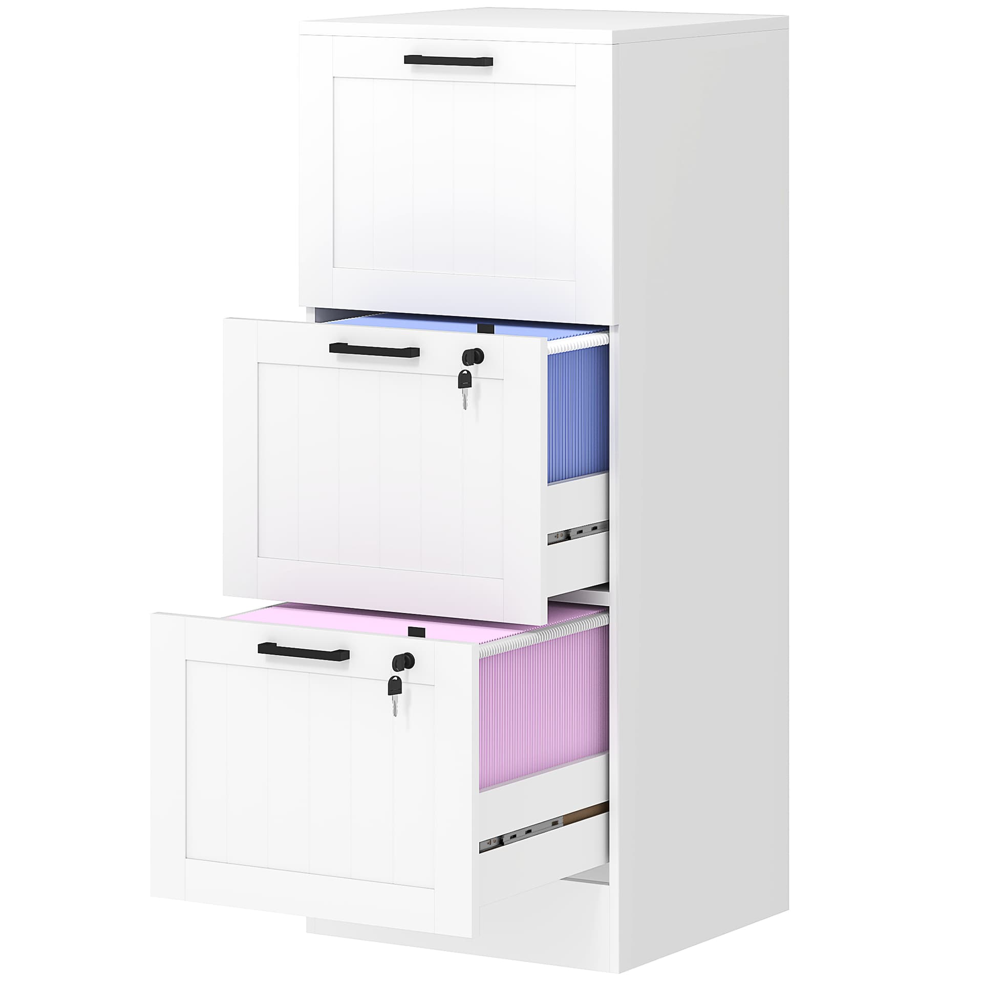 3 Drawer Filing Cabinet with Lock, Office Storage Cabinet with Adjustable Hanging Bars for A4 Letter Size Files, White - Filing Cabinets - Office Furniture
