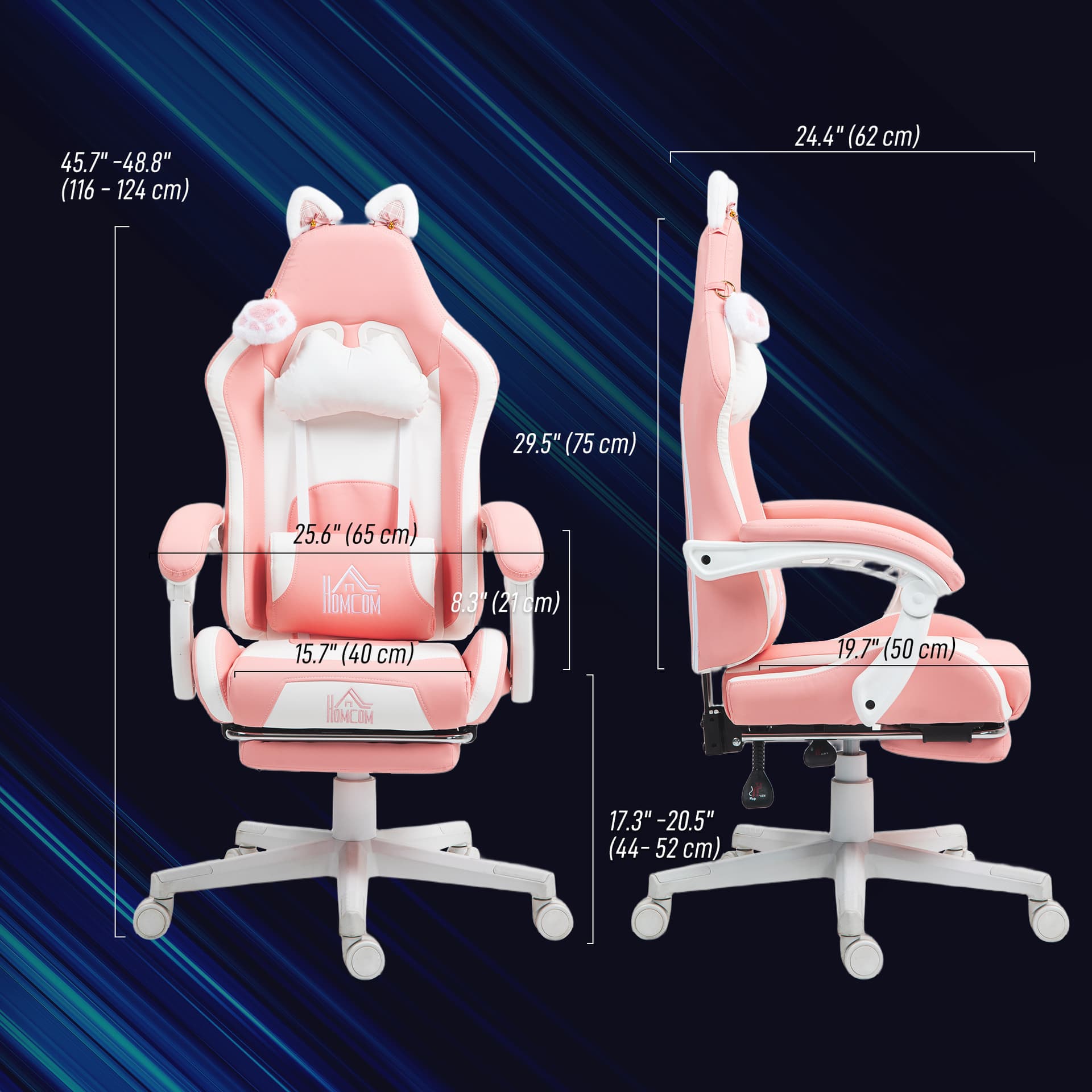 Cute Racing Gamer Chair, Faux Leather Gaming Chair with Footrest, Headrest and Lumbar Support, Pink