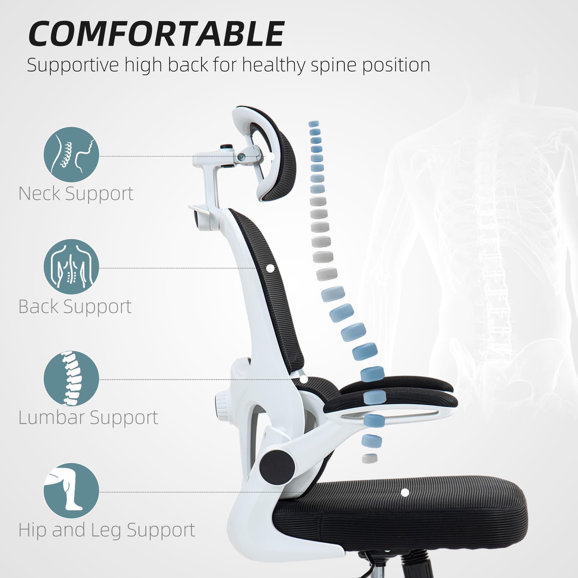 Mesh Office Chair, Ergonomic Desk Chair with Flip-up Armrest, Rotatable Headrest, Adjustable Lumbar Support, Black