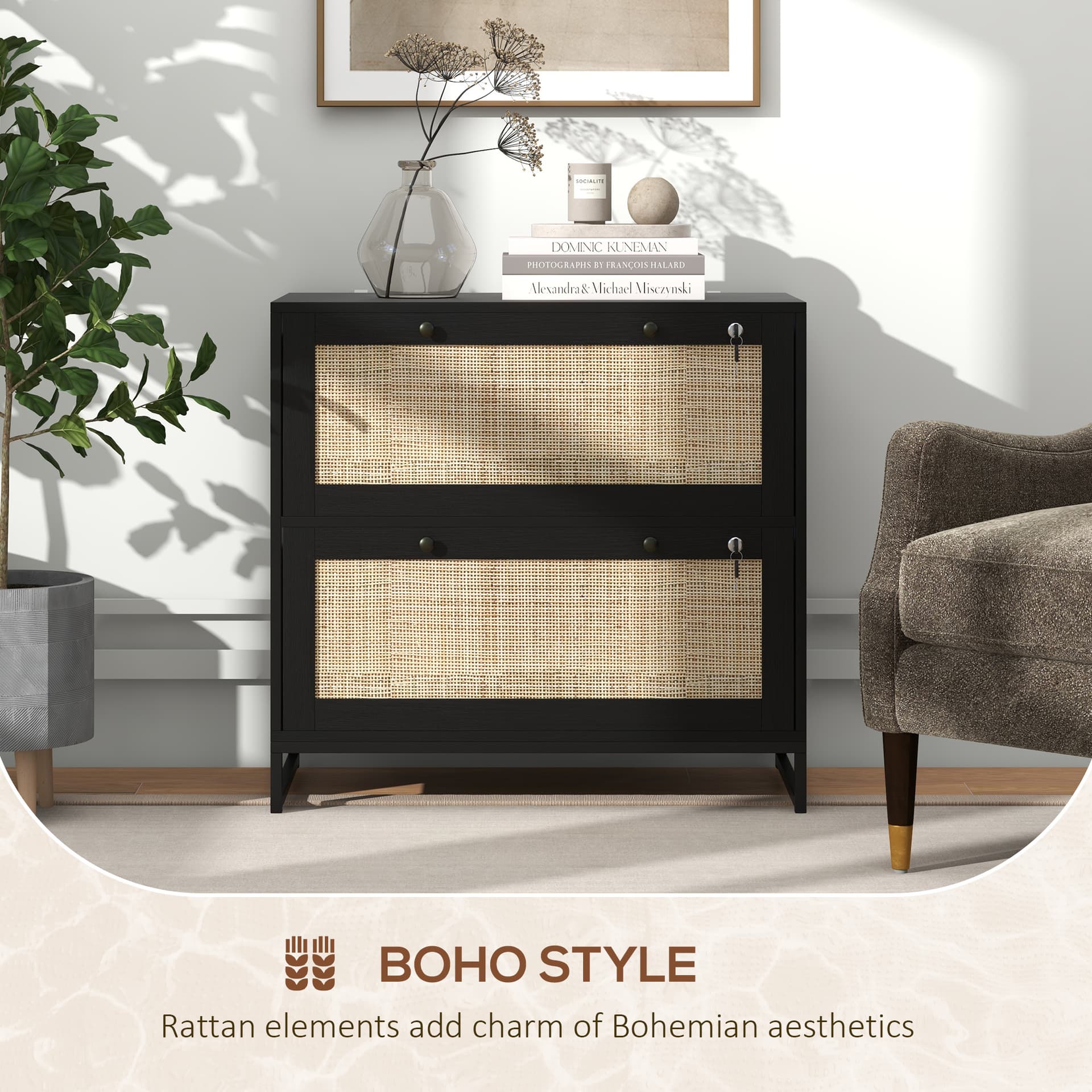 2-Drawer Filing Cabinet with Lock, Rattan File Cabinet with Adjustable Hanging Bar, Black