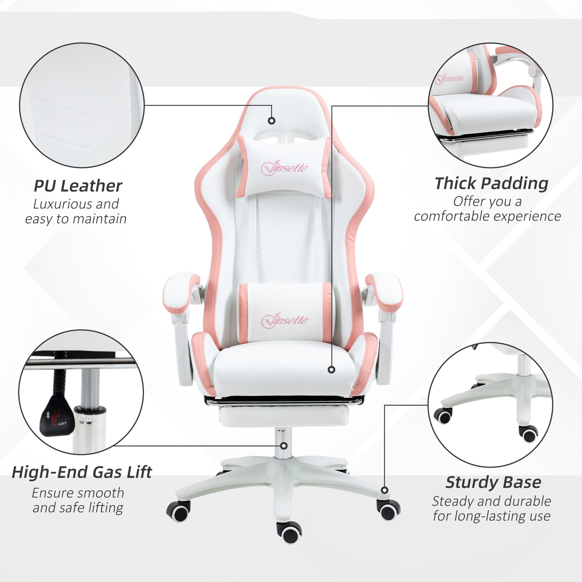 Computer Gaming Chair, PU Leather Office Desk Chair with Footrest, Swivel Wheels, 135° Reclining Back, White