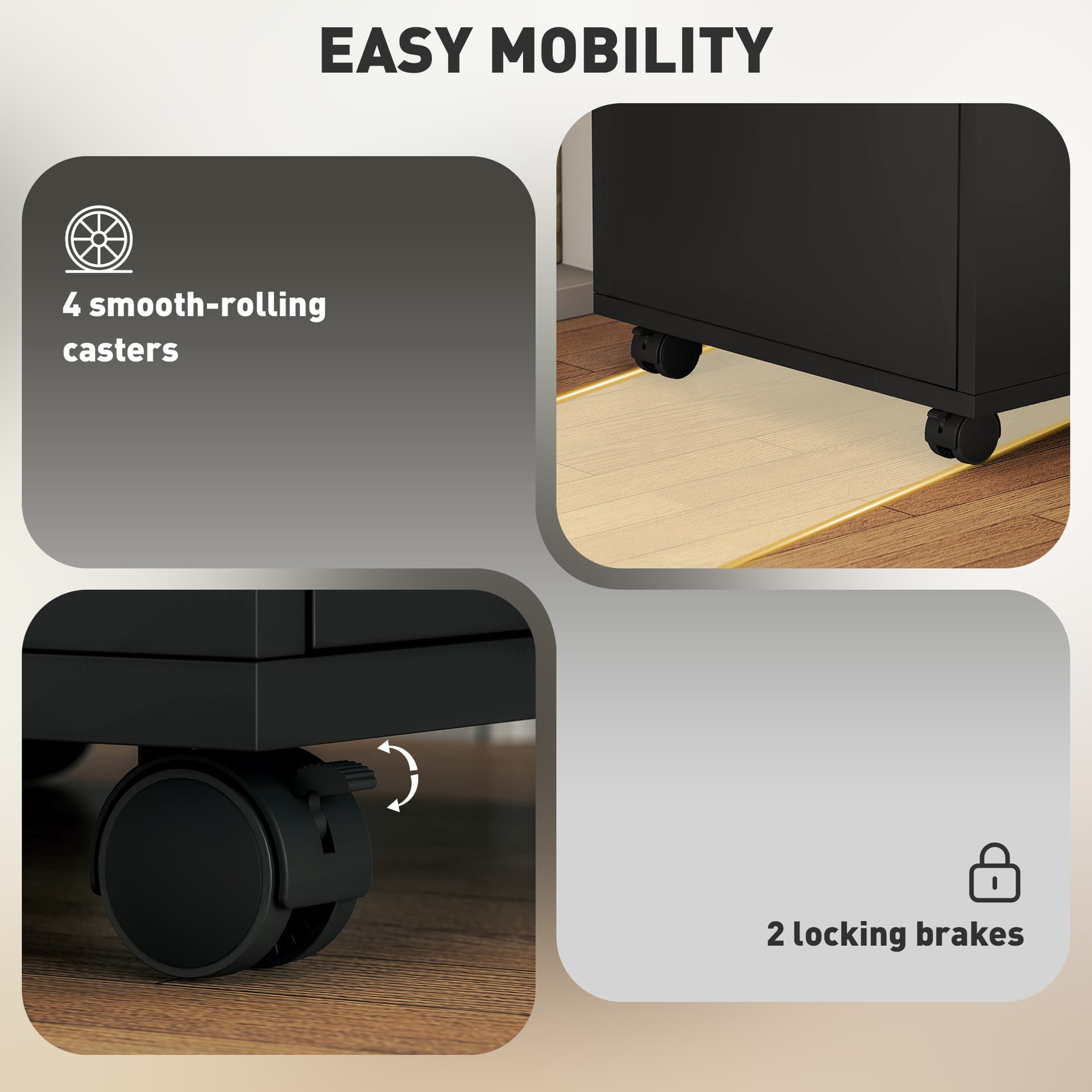 24" Small Filing Cabinet with Open Compartment, Drawer and Wheels, Home Office Storage Cabinet, Black