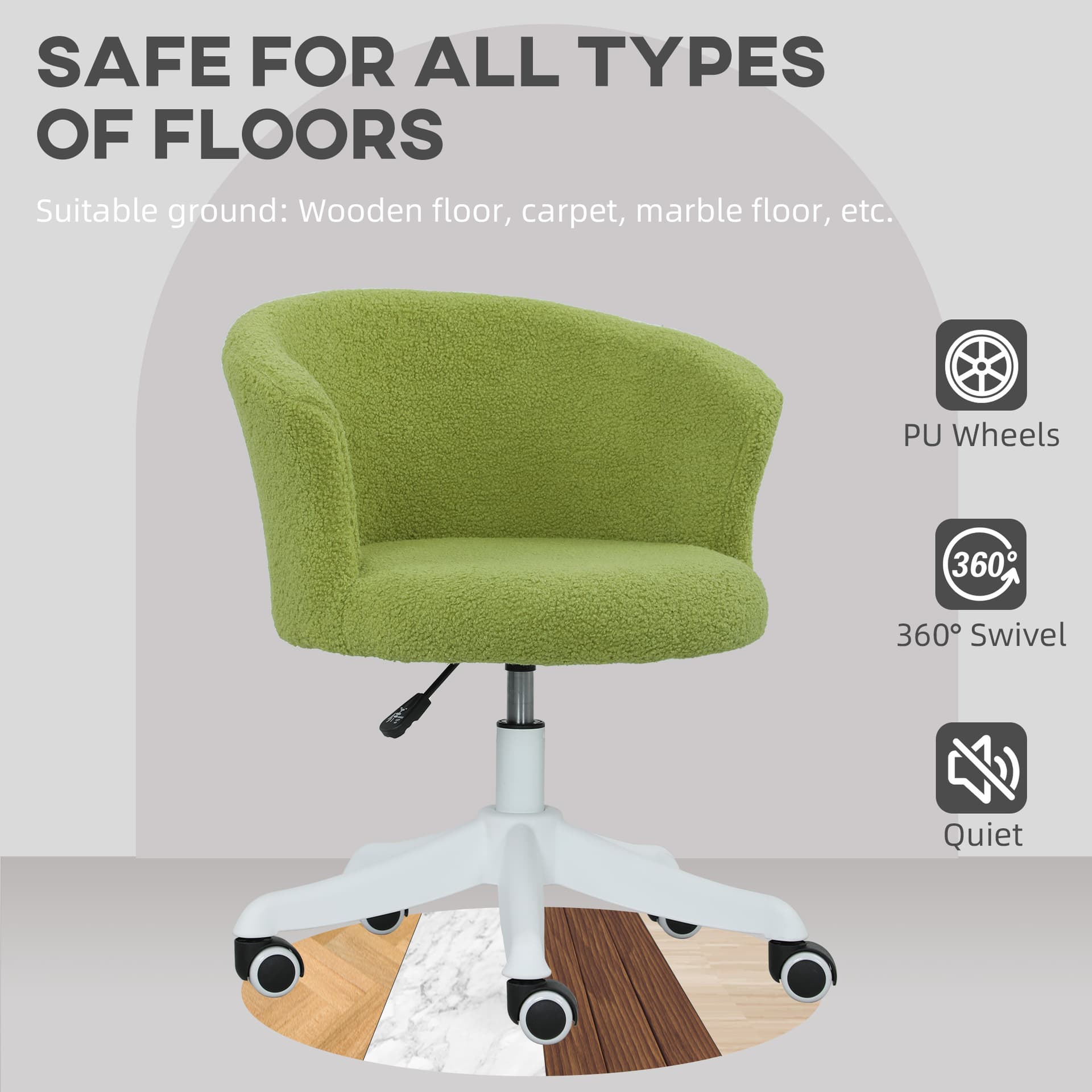 Armless Office Chair, Fluffy Computer Desk Chair with Adjustable Height, Swivel Wheels, Mid Back, Light Green