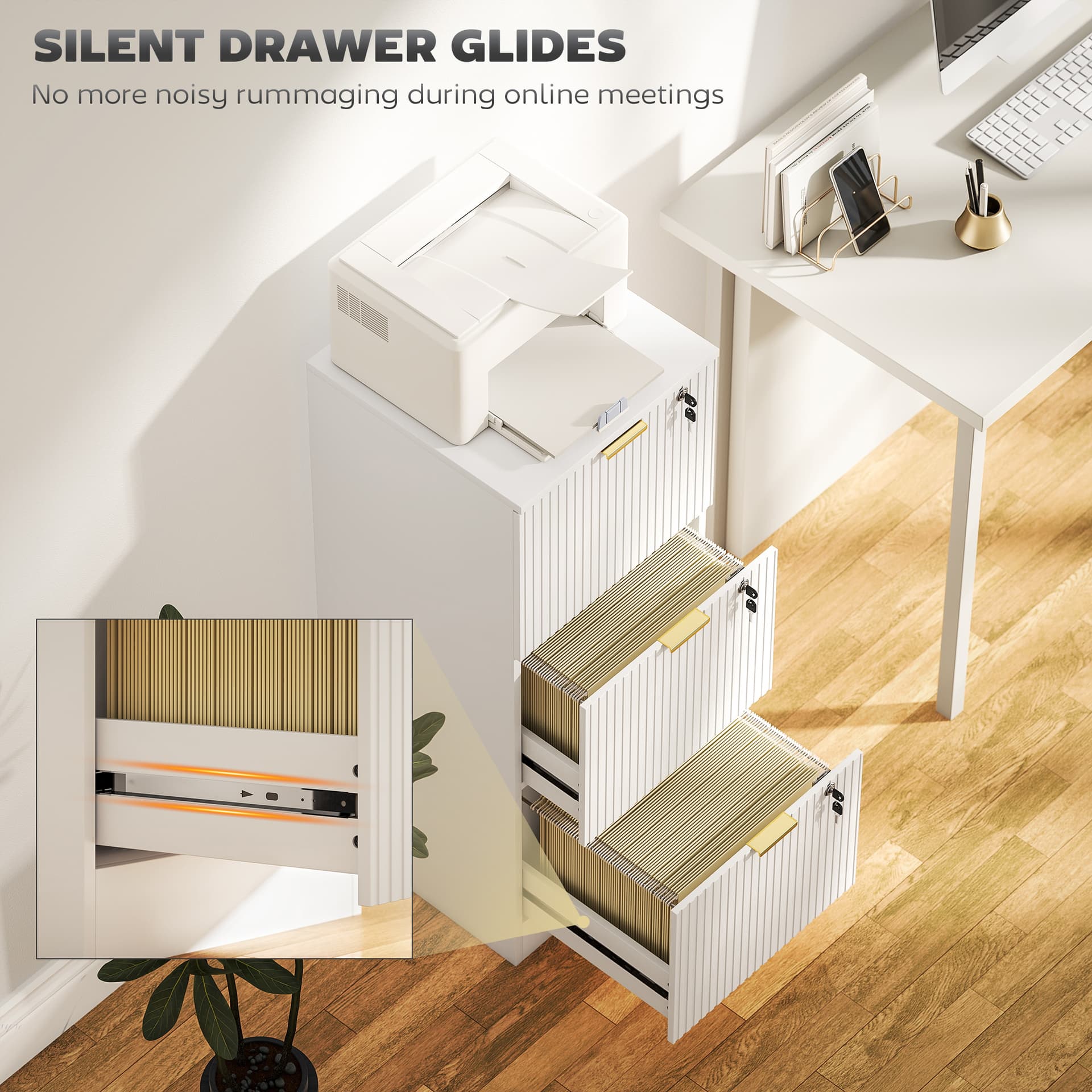 Lockable Filing Cabinet with 3 Fluted Drawers, File Cabinet with Adjustable Hanging Rails for A4 Letter Files, White