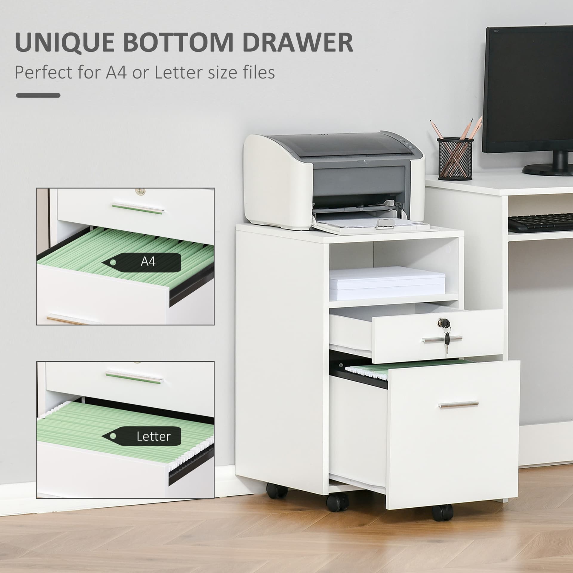 2 Drawer Filing Cabinet with Lock, Vertical File Cabinet with Wheels, Mobile Office Cabinet for A4, Letter Size, White