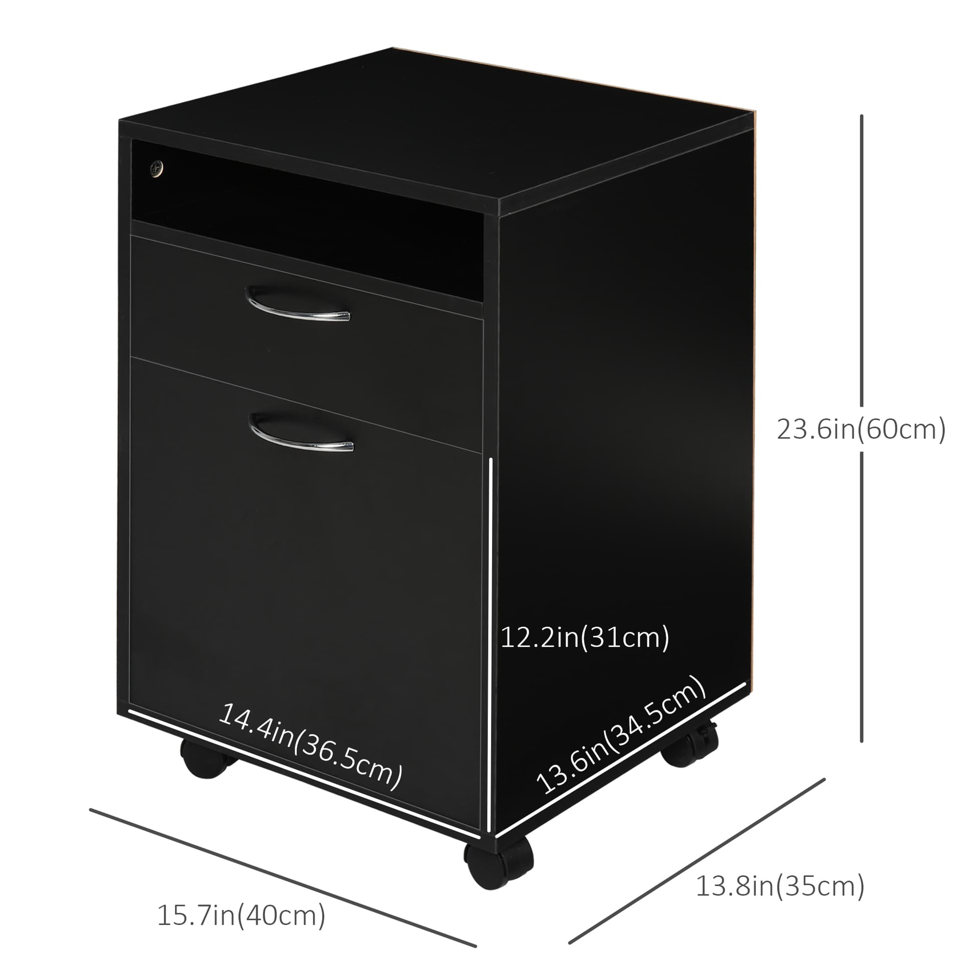 24" Small Filing Cabinet with Open Compartment, Drawer and Wheels, Home Office Storage Cabinet, Black