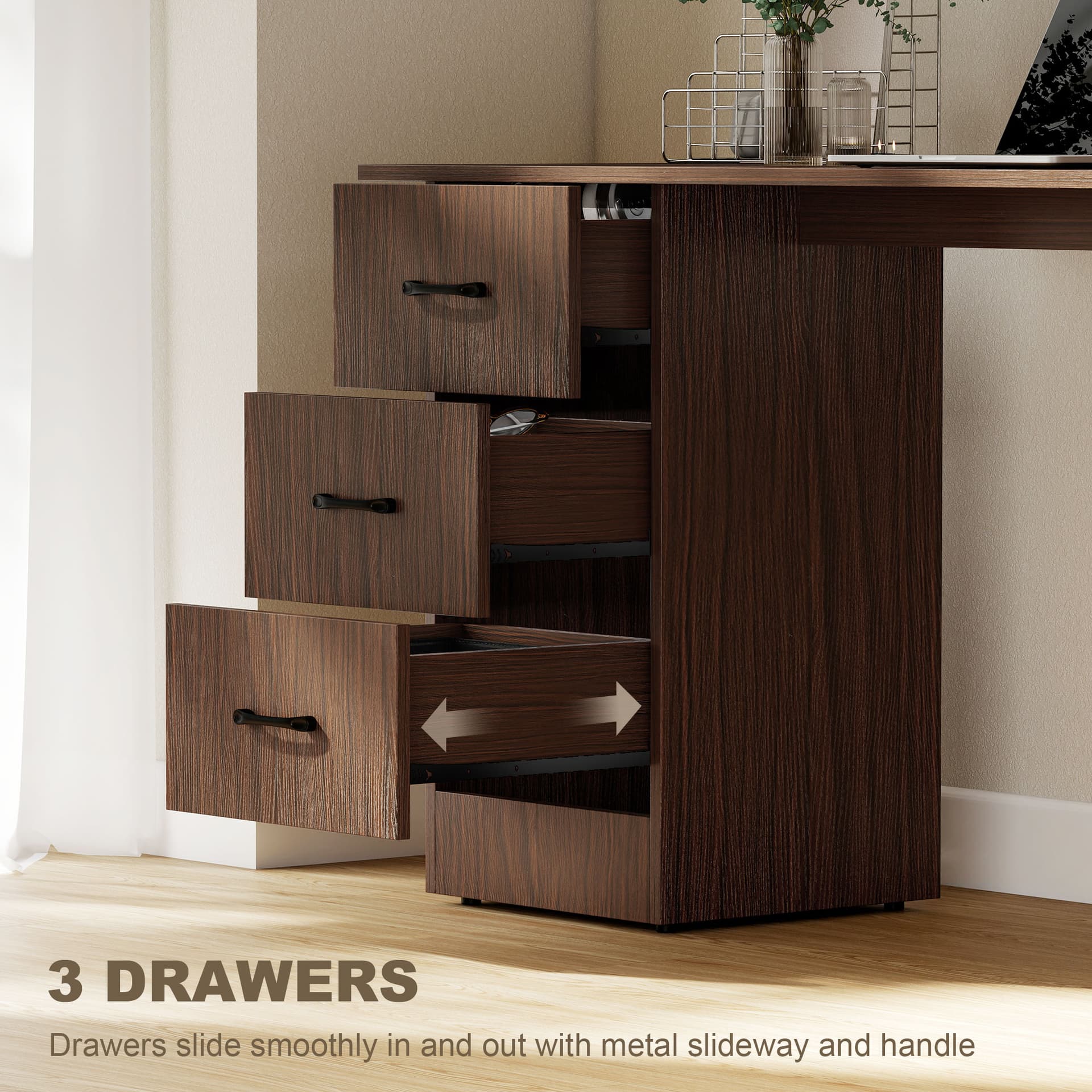 Computer Desk, 55" Writing Table with 3-Tier Shelves and 3 Reversible Drawers for Home Office, Bedroom, Walnut