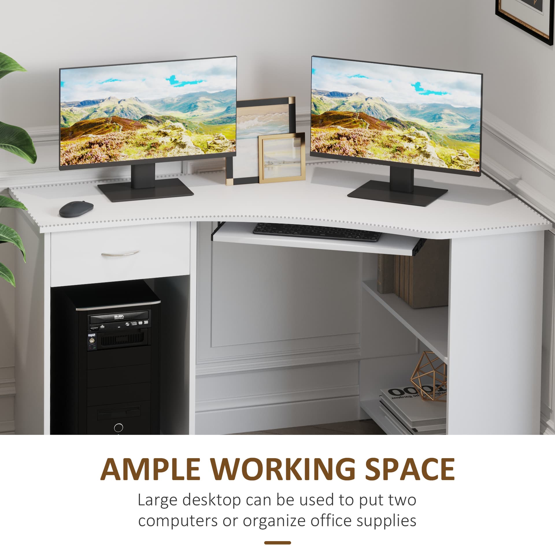 L-Shaped Computer Desk and File Cabinet Set for Bedroom, White