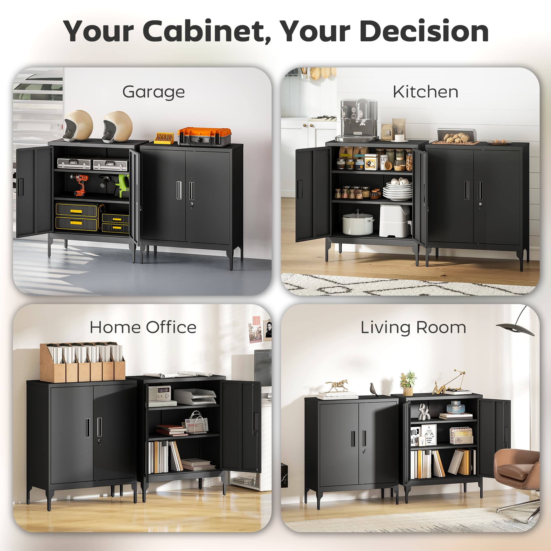 Office Storage Cabinet with Lock, Filing Cabinet with Adjustable Shelves and Doors for Home Office, Garage, Black