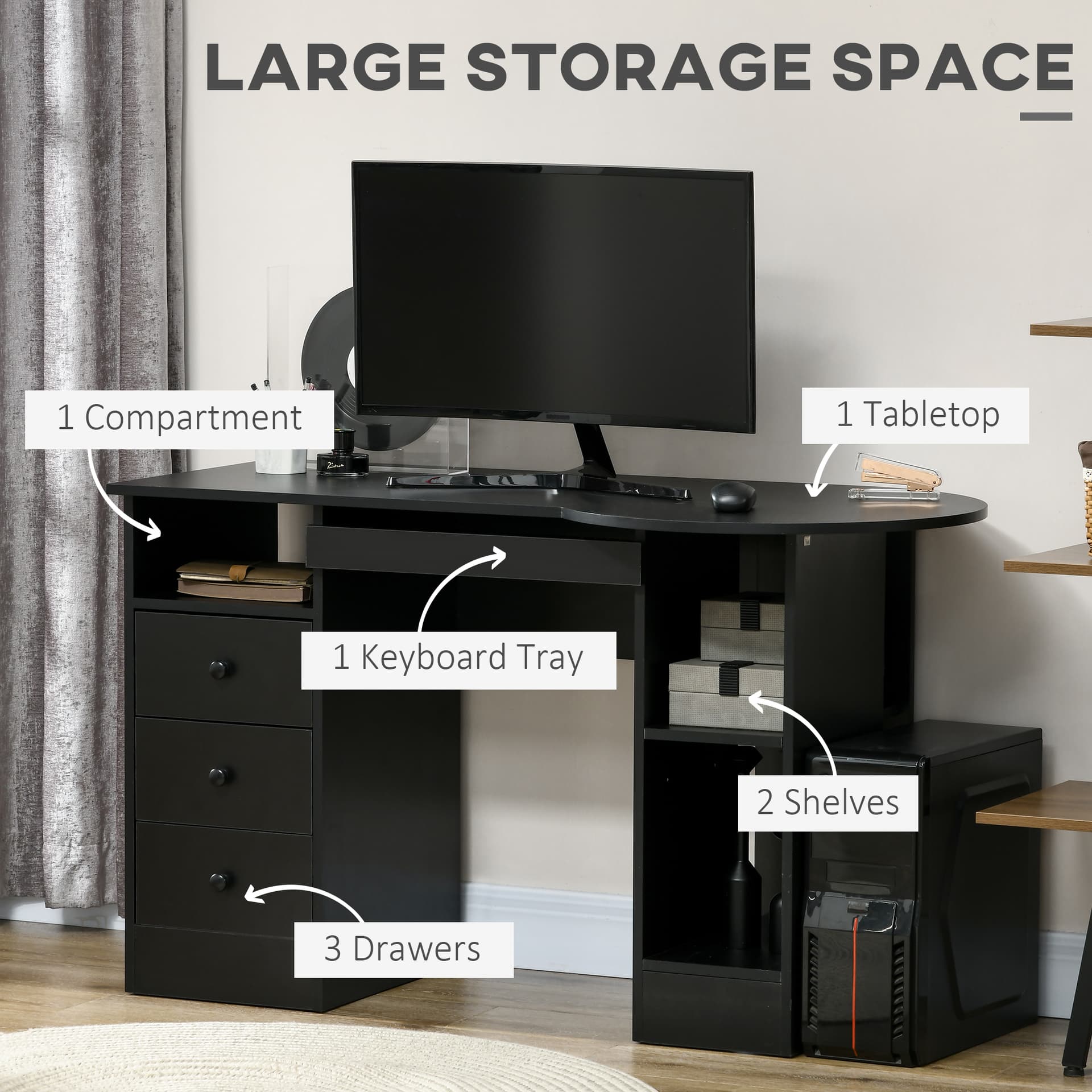 Computer Desk with Storage, Home Office Laptop Table with Shelves and Drawers, Modern Workstation Desk with Keyboard Tray for Study, Living Room, Black