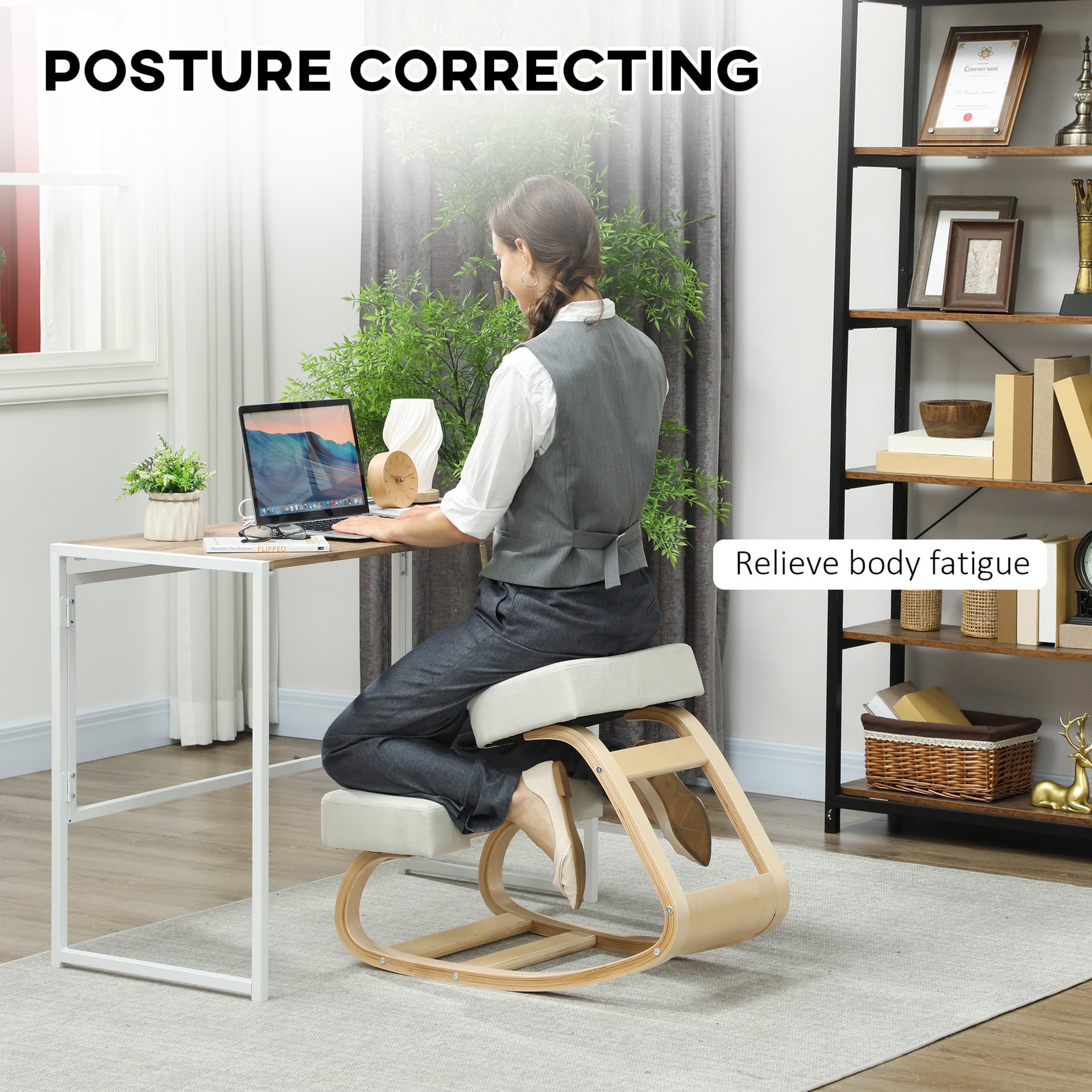 Ergonomic Kneeling Chair, Wood Kneel Stool with Thick Pads, Desk Knee Chair, Improve Posture, Cream White