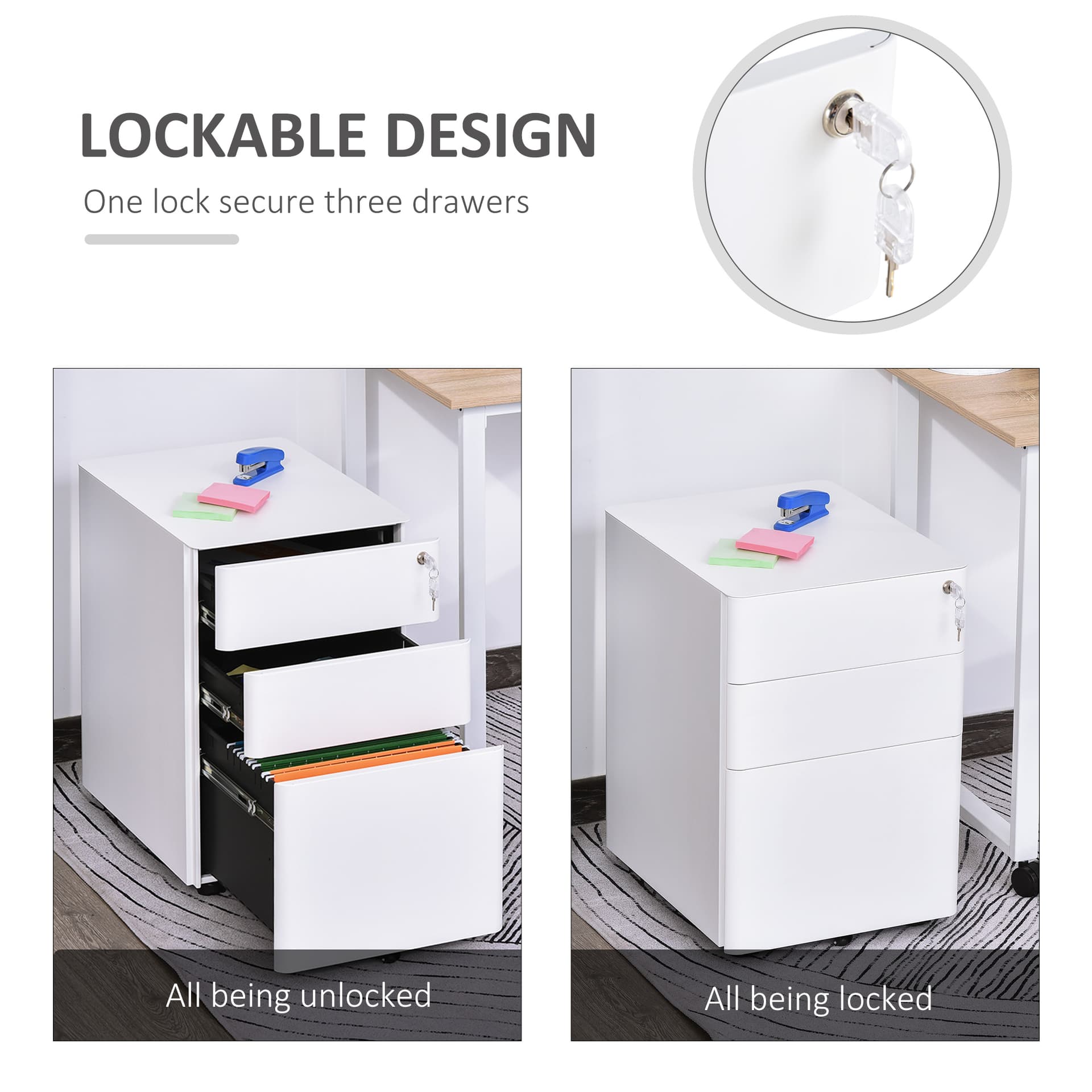 3 Drawer Filing Cabinet, Steel Home Office Storage Cabinet with Wheels, Lock for A4, Letters, Legal-sized Files, White