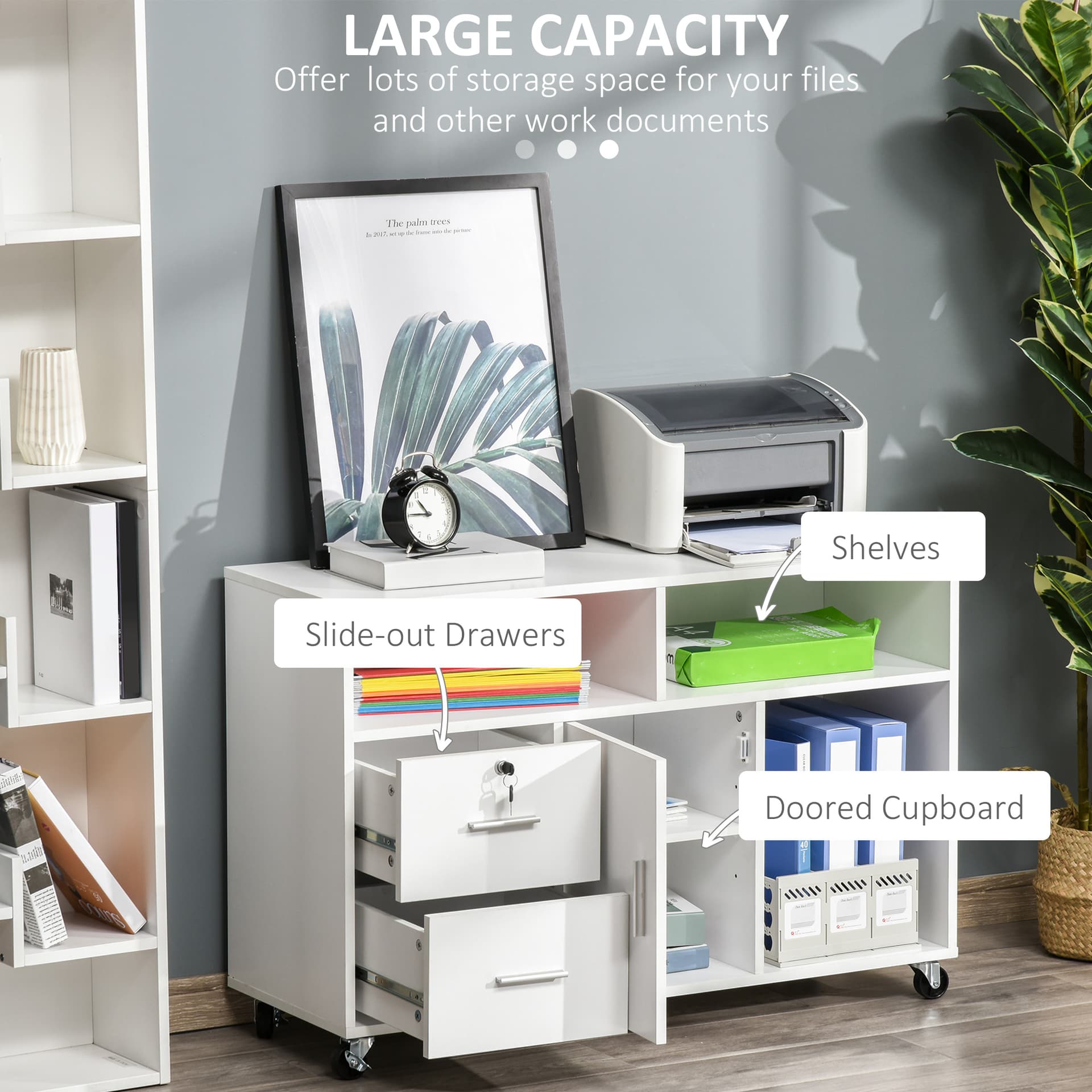Lateral Filing Cabinet with Open Storage Shelf, Printer Stand Home Office Mobile File Cabinet with Wheels, Lockable Drawer, White