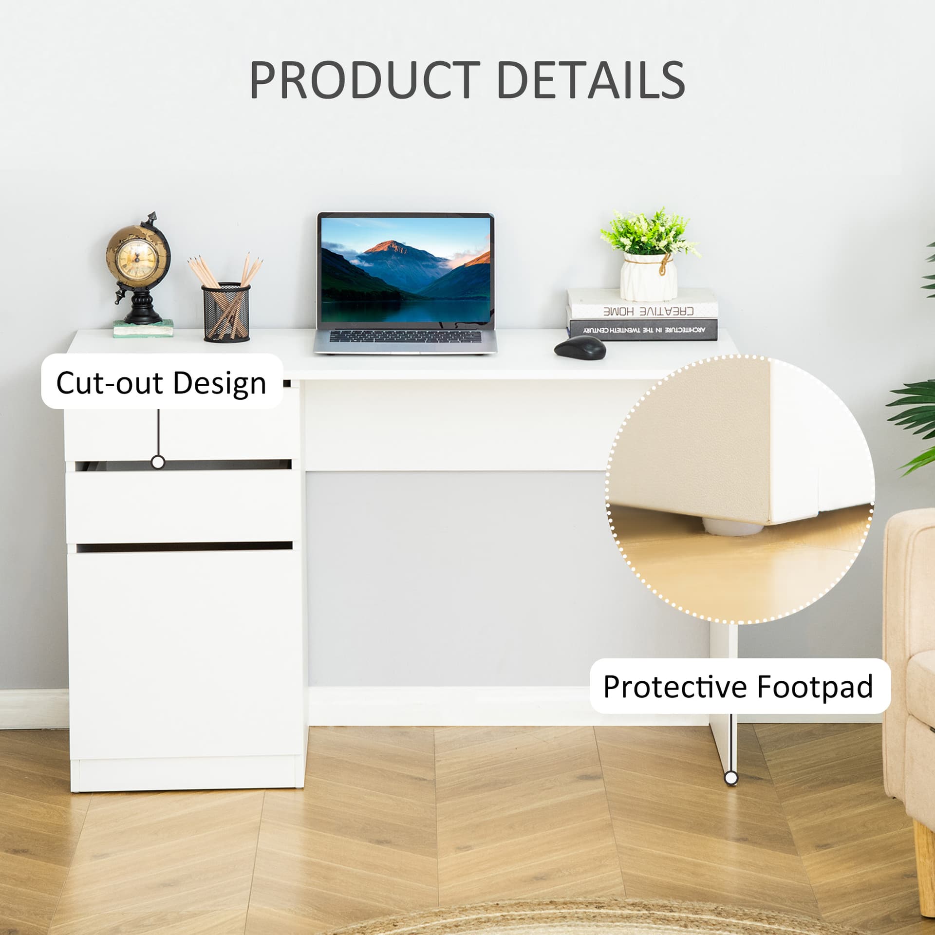 Modern Computer Desk, Home Office Desk for Study, Writing Workstation with Storage Drawer and Cabinet for Living Room, White