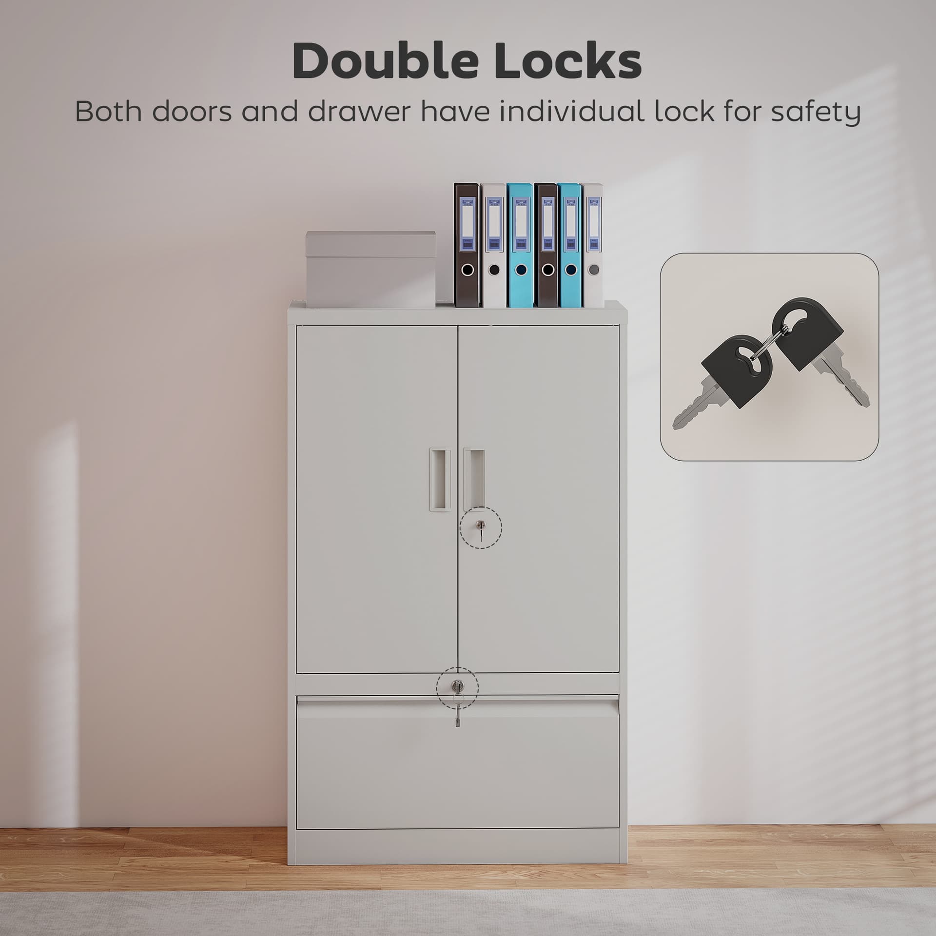 Lateral Filing Cabinet, Metal Storage Cabinet, Garage Cabinet with Double Locks, Adjustable Shelf and File Drawer, White