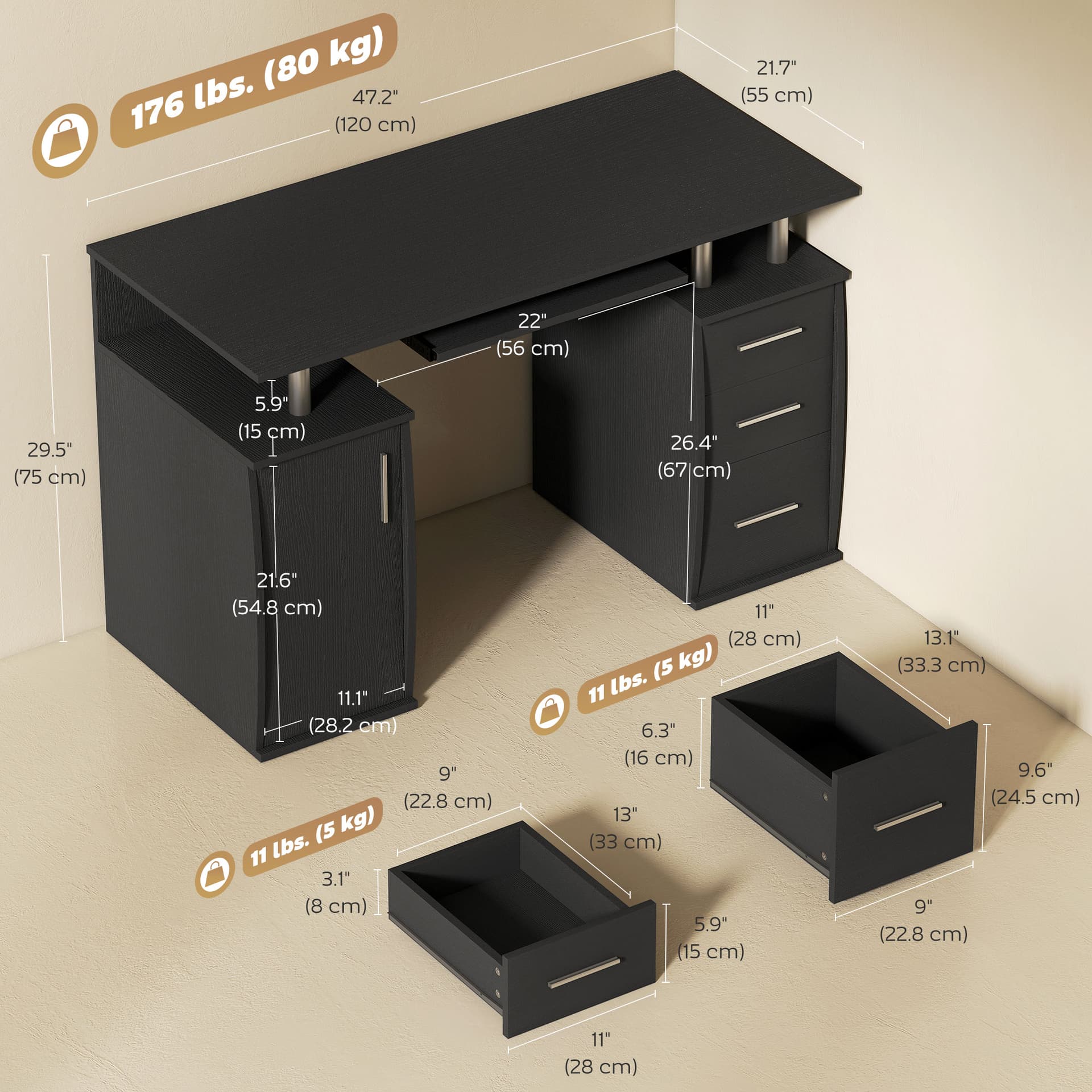 47" Computer Desk with Keyboard Tray and Storage Drawers, Home Office Workstation Table with Storage Shelves, Black