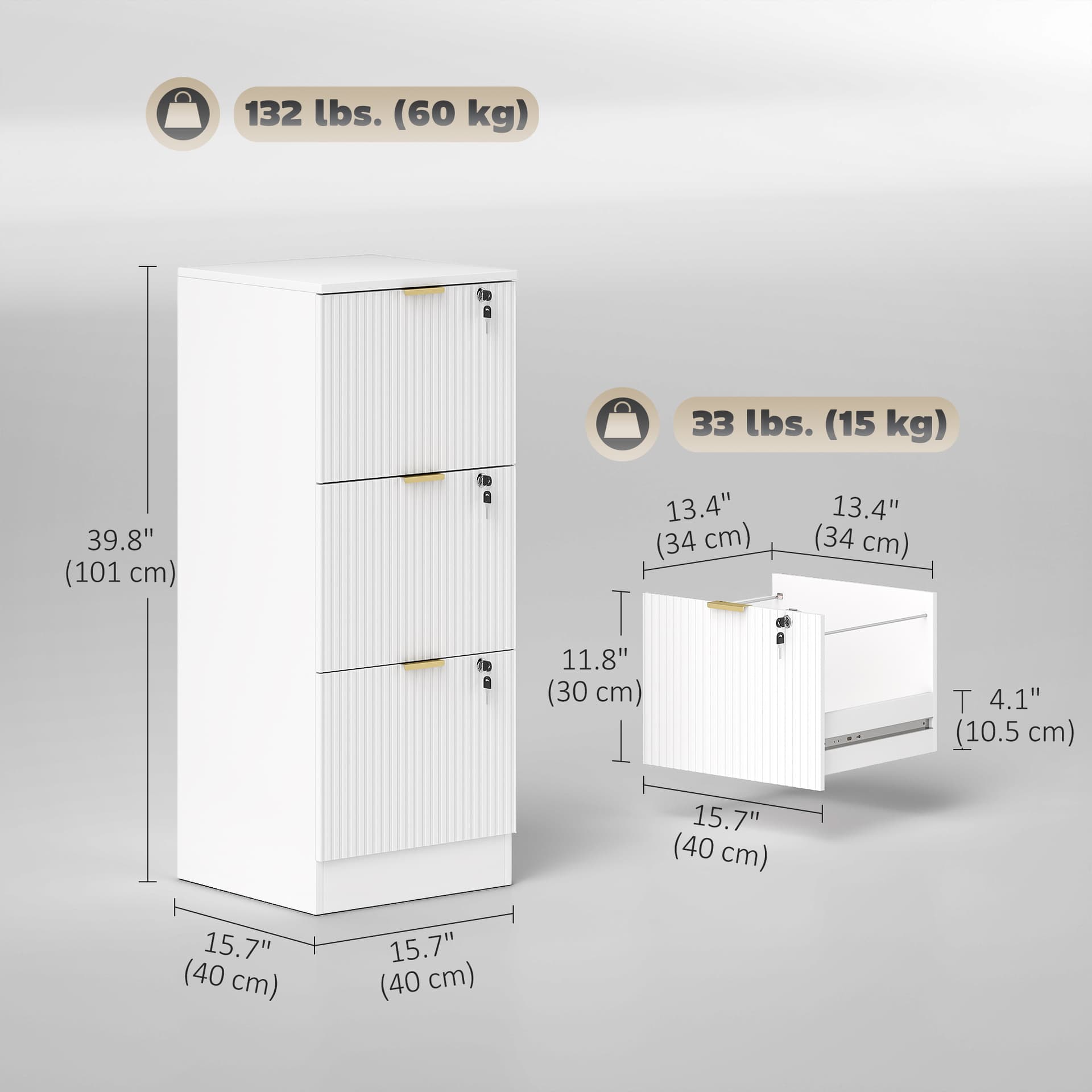 Lockable Filing Cabinet with 3 Fluted Drawers, File Cabinet with Adjustable Hanging Rails for A4 Letter Files, White