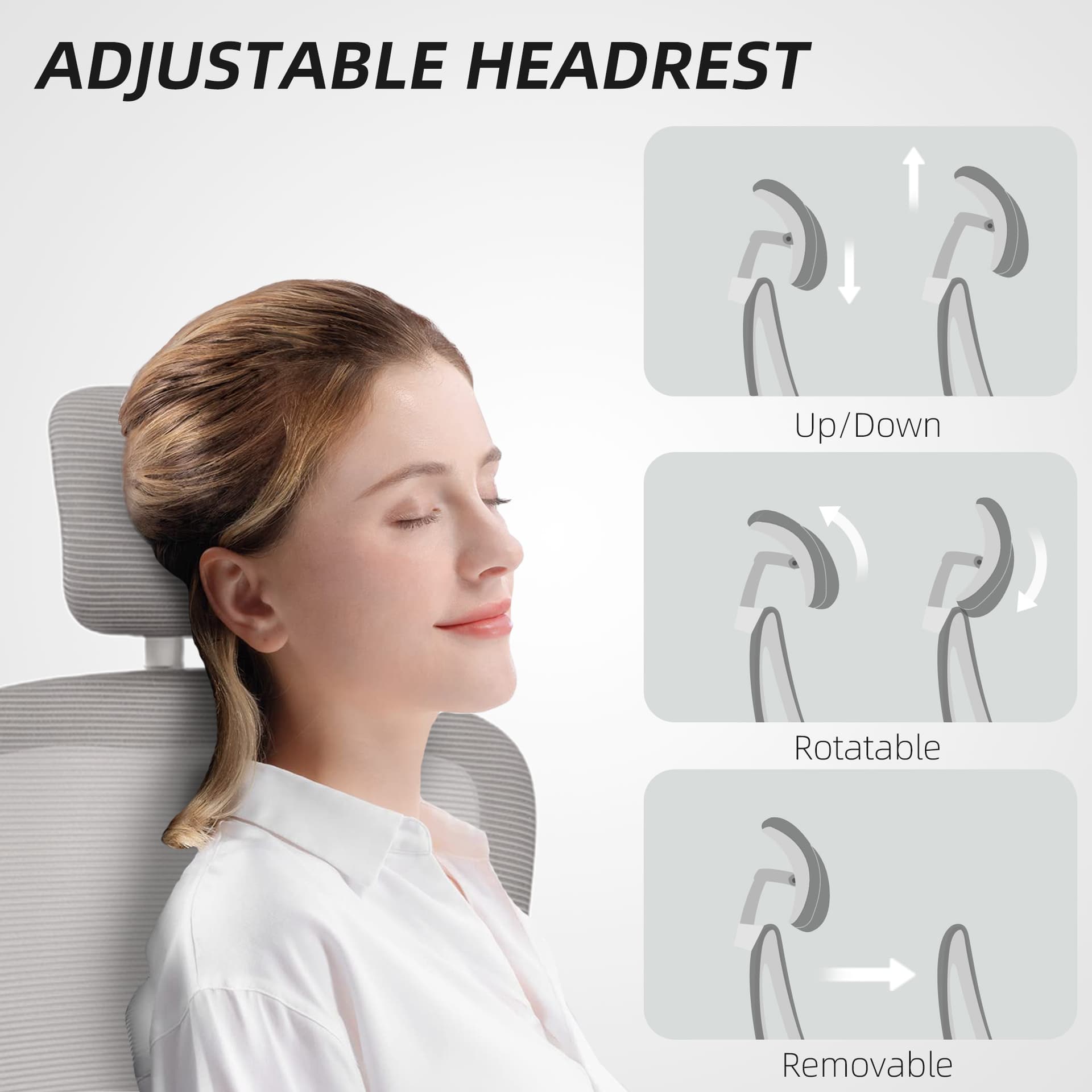 Ergonomic Mesh Office Chair, High Back Desk Chair with Rotatable Headrest, Flip-Up Armrests, Lumbar Support, Grey