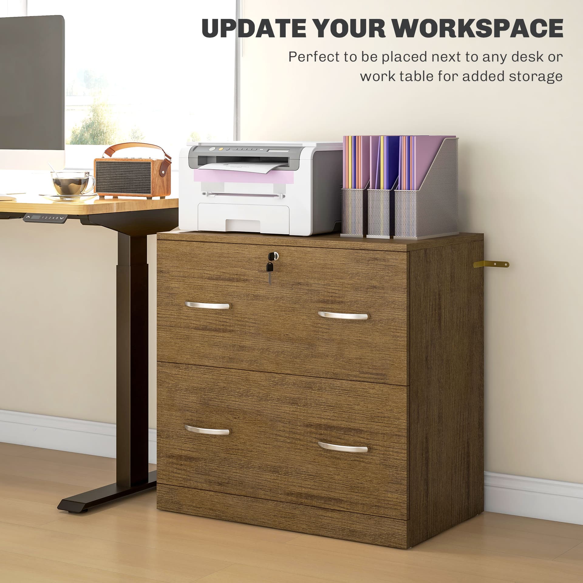 2 Drawer File Cabinet with Lock, Office Filing Cabinet, Hanging Bar for Letter Size, Home Office, Light Brown