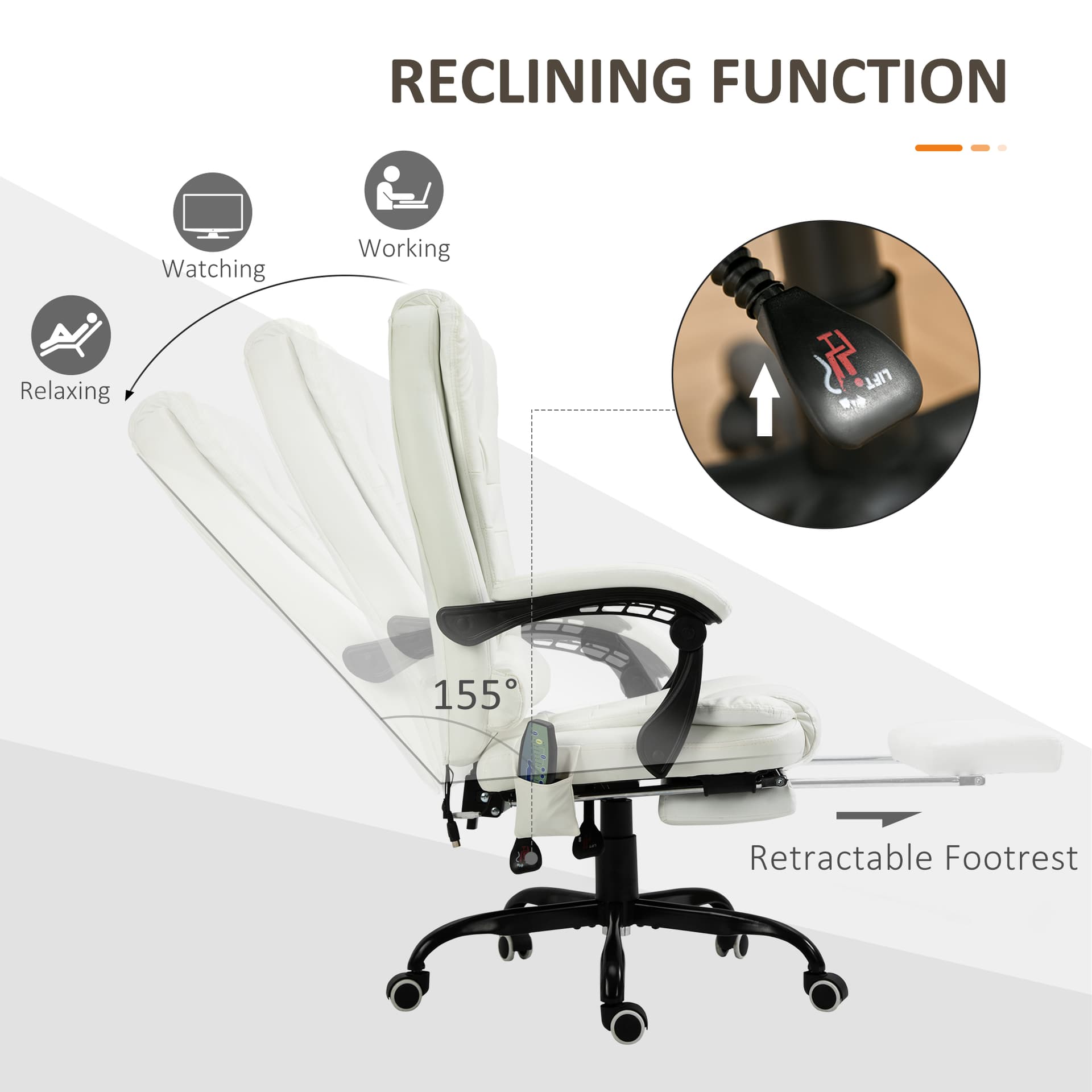 7-Point Vibrating Massage Chair, Reclining Office Chair with Footrest, Reclining Back, Adjustable Height, White