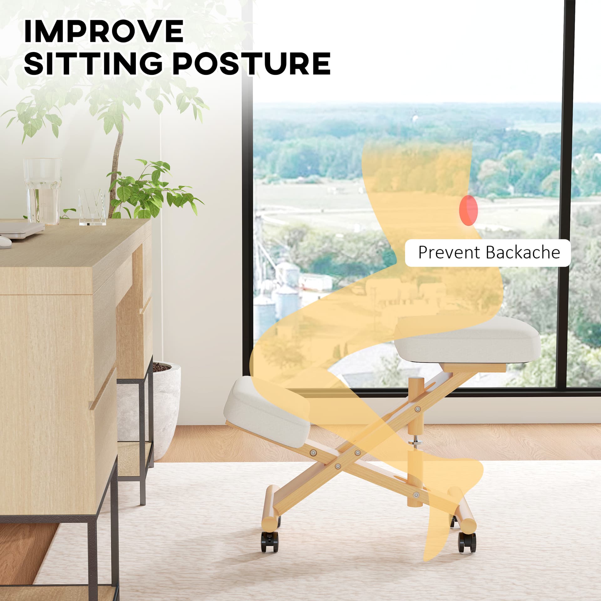 Ergonomic Kneeling Chair, Posture Chair with Rubberwood Frame, Wheels for Office, Posture Correction, Cream White