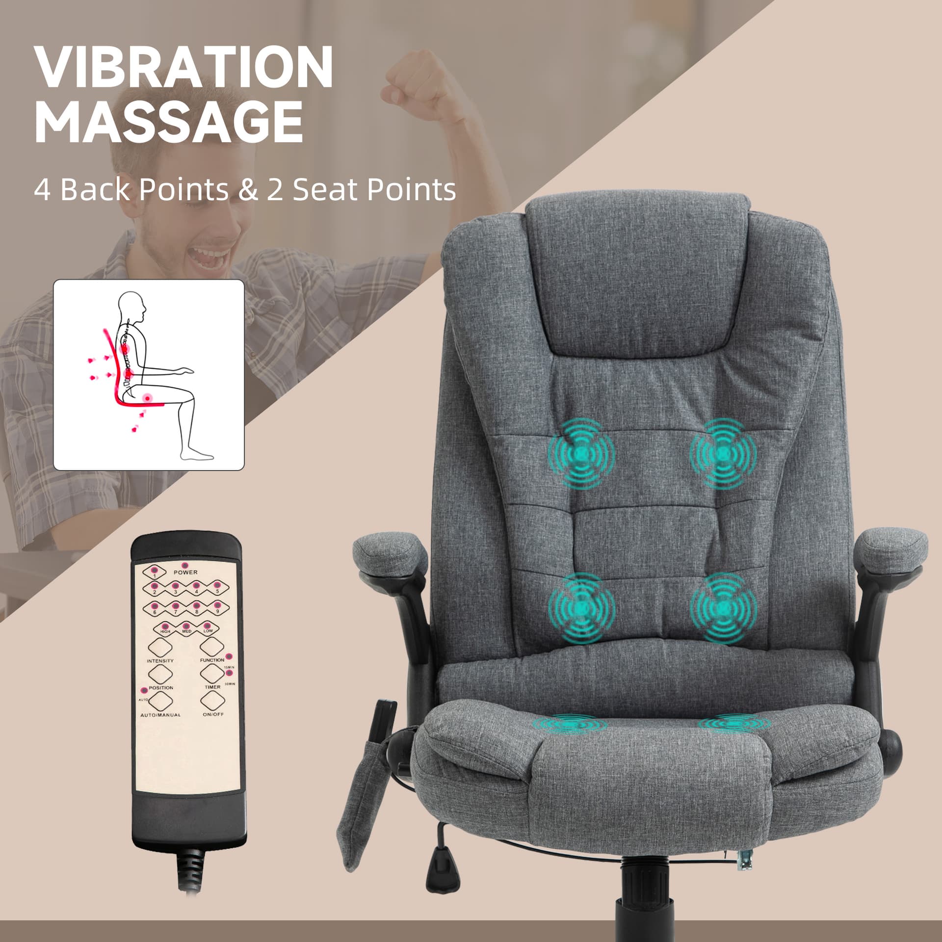 6 Point Vibrating Massage Home Office Chair High Back Executive Chair with Reclining Back, Swivel Wheels, Grey
