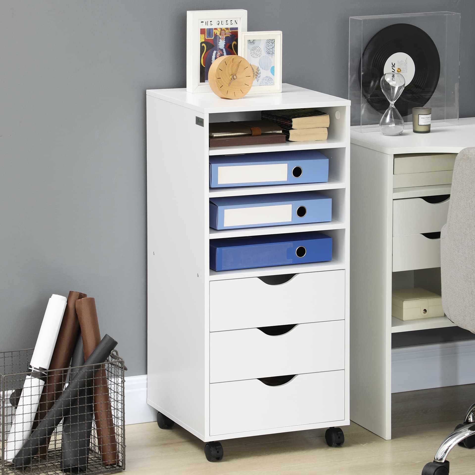 Vertical Filing Cabinet, Mobile File Cabinet on Wheels with 3 Drawers and 4 Open Shelves, Printer Stand with Lockable Casters for Home Office, White