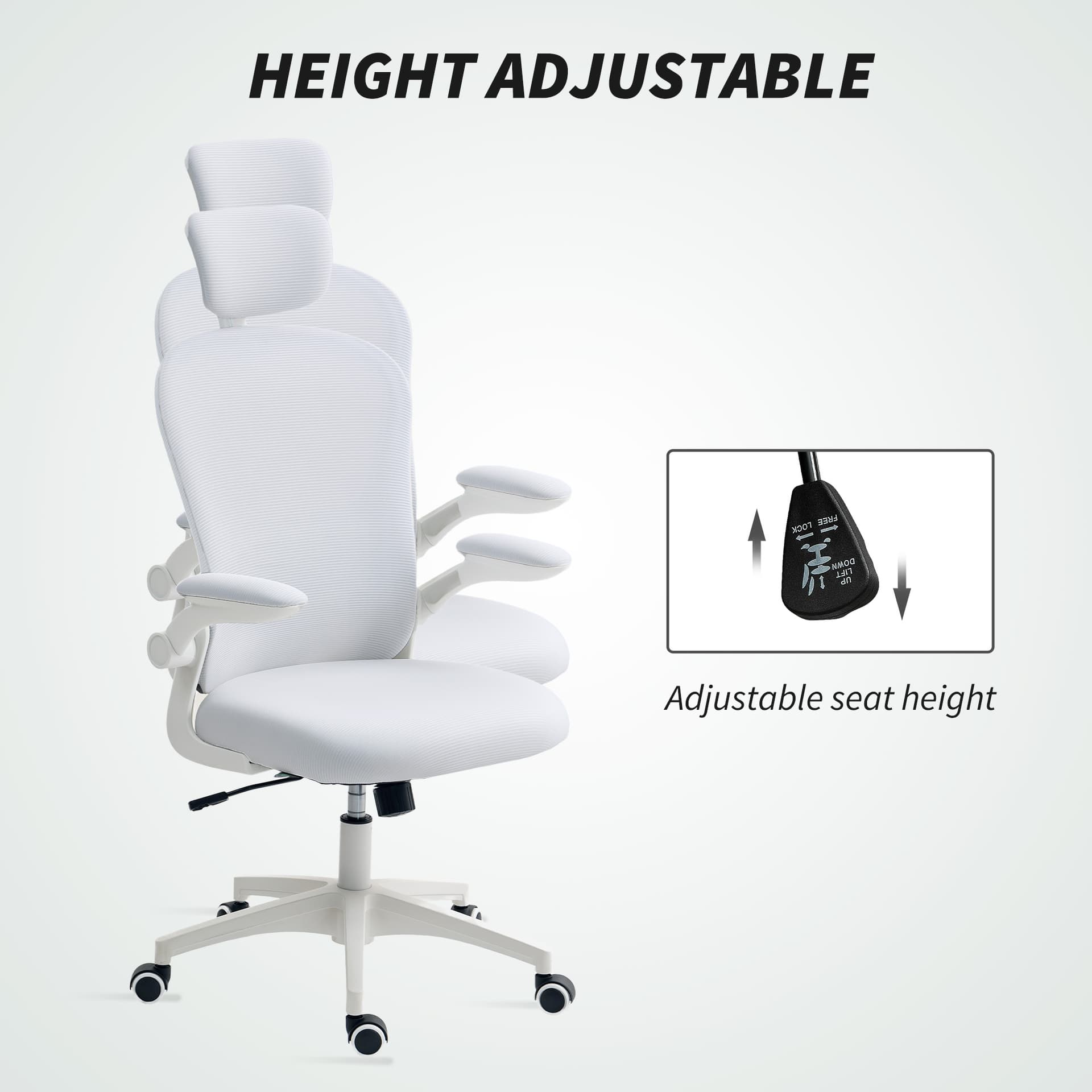 Office Chair, Mesh Computer Desk Chair with Adjustable Headrest, 4D Lumbar Support, Flip-up Arm, White