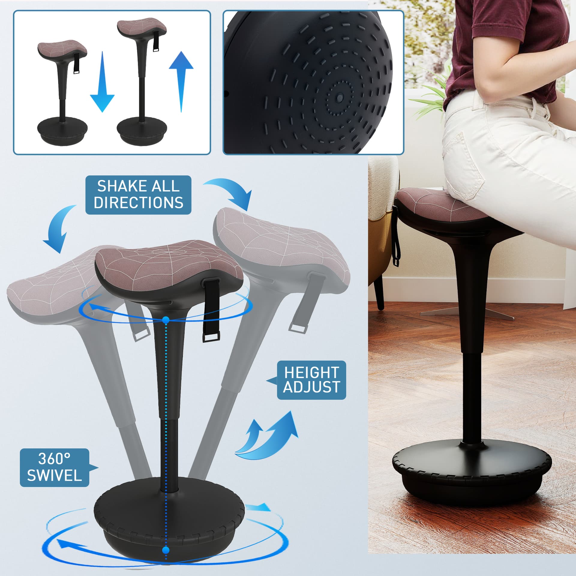 Backless Wobble Stool Chair, Standing Desk Chair, Adjustable Learning Stool for Office Desks, with Rocking Motion, Brown