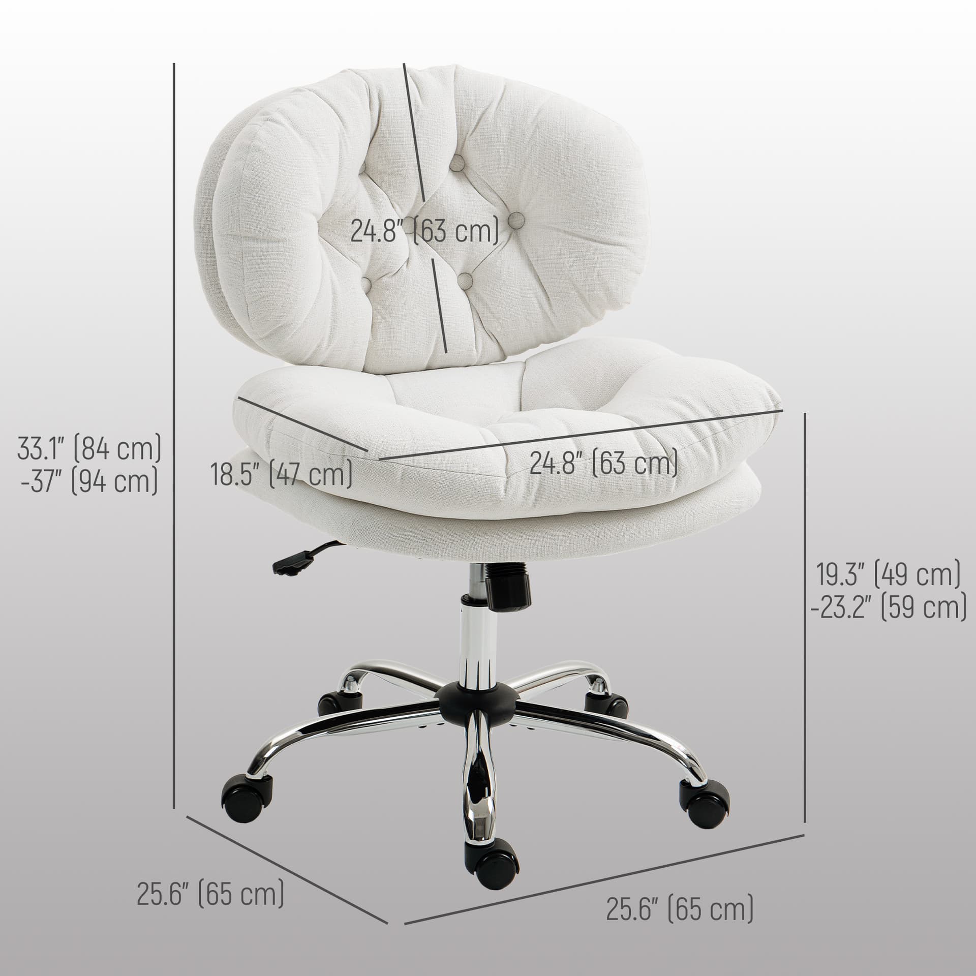 Computer Desk Chair, Armless Office Chair with Wide Padded Seat and Adjustable Height, Cream White