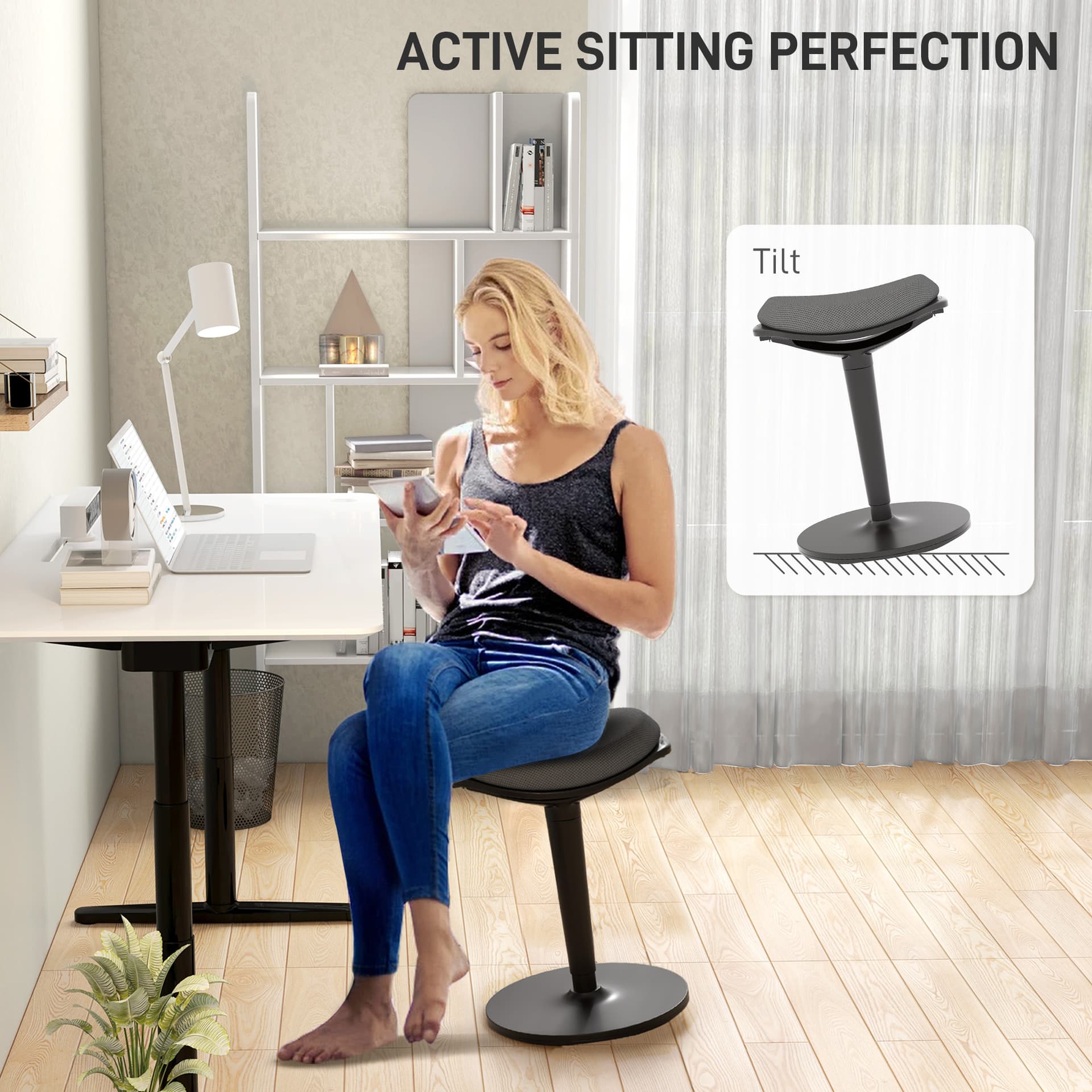 Standing Desk Stool, Ergonomic Wobble Chair, Adjustable Leaning Stool for Office Desks, with Rocking Motion, Black