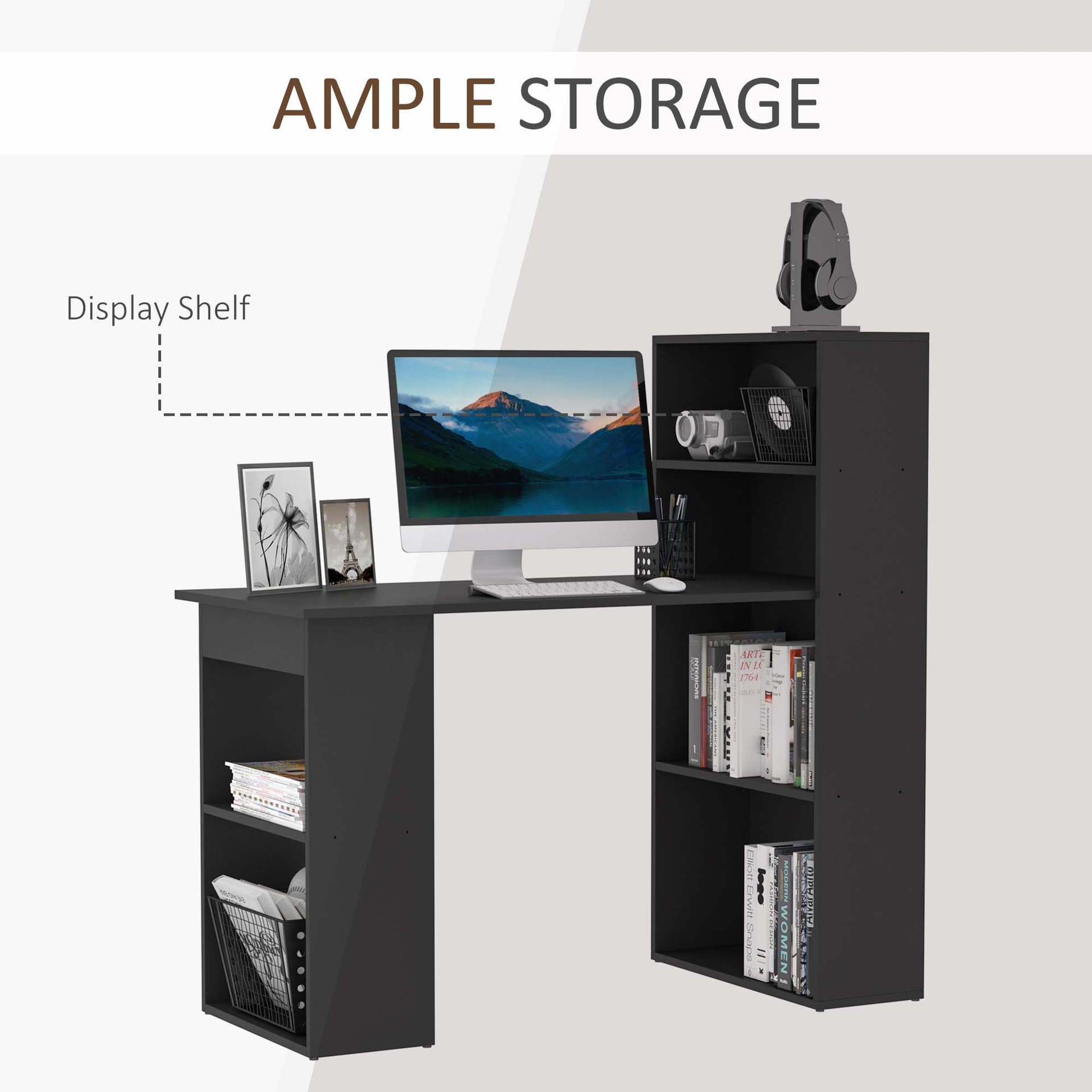 Modern Computer Desk with Storage Shelves, 47" Writing Table Workstation with Bookshelf for Home Office, Black