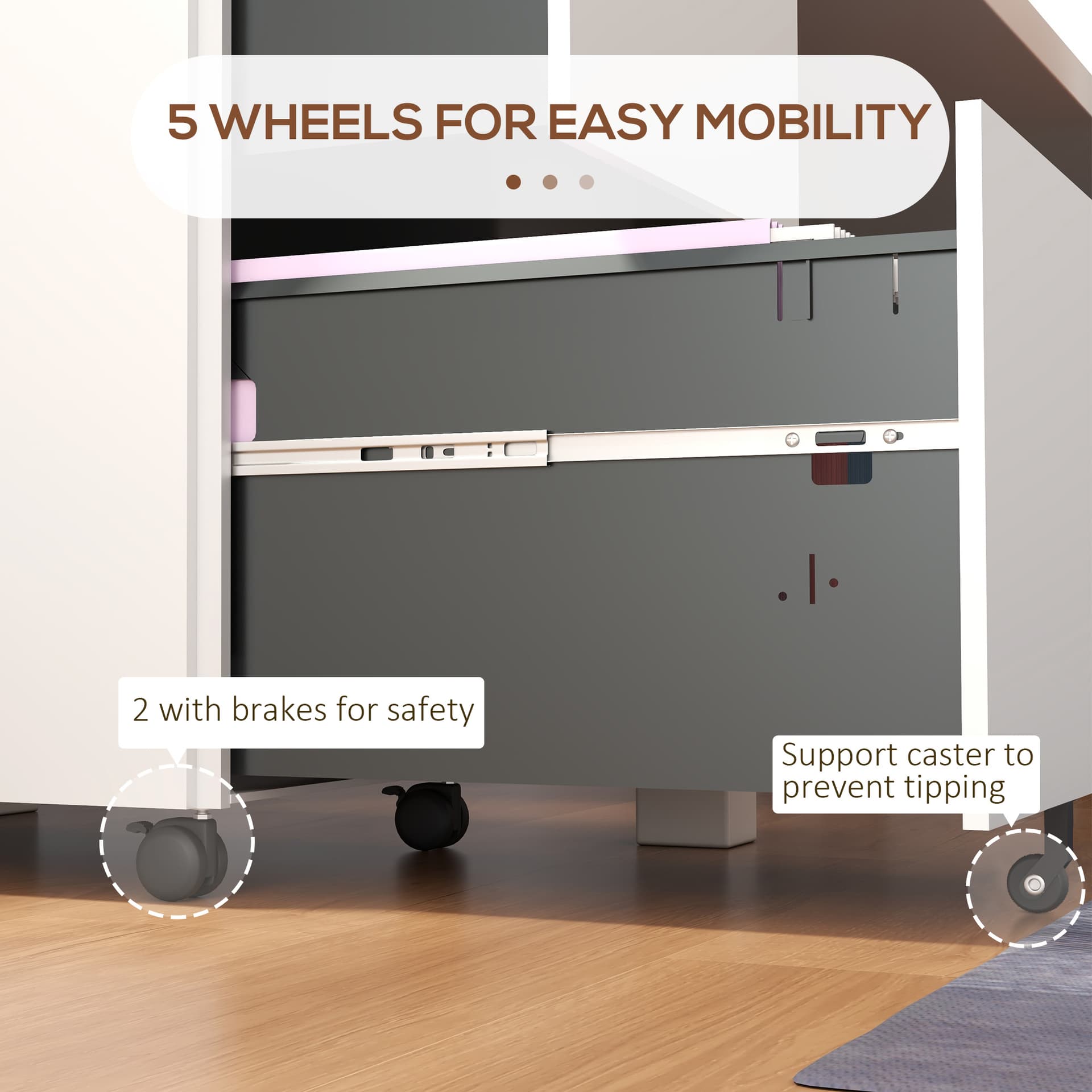 Vertical Steel Filing Cabinet on Wheels, 2-Drawer Lockable File Cabinet with Adjustable Hanging Bar for A4, Legal and Letter Size, White
