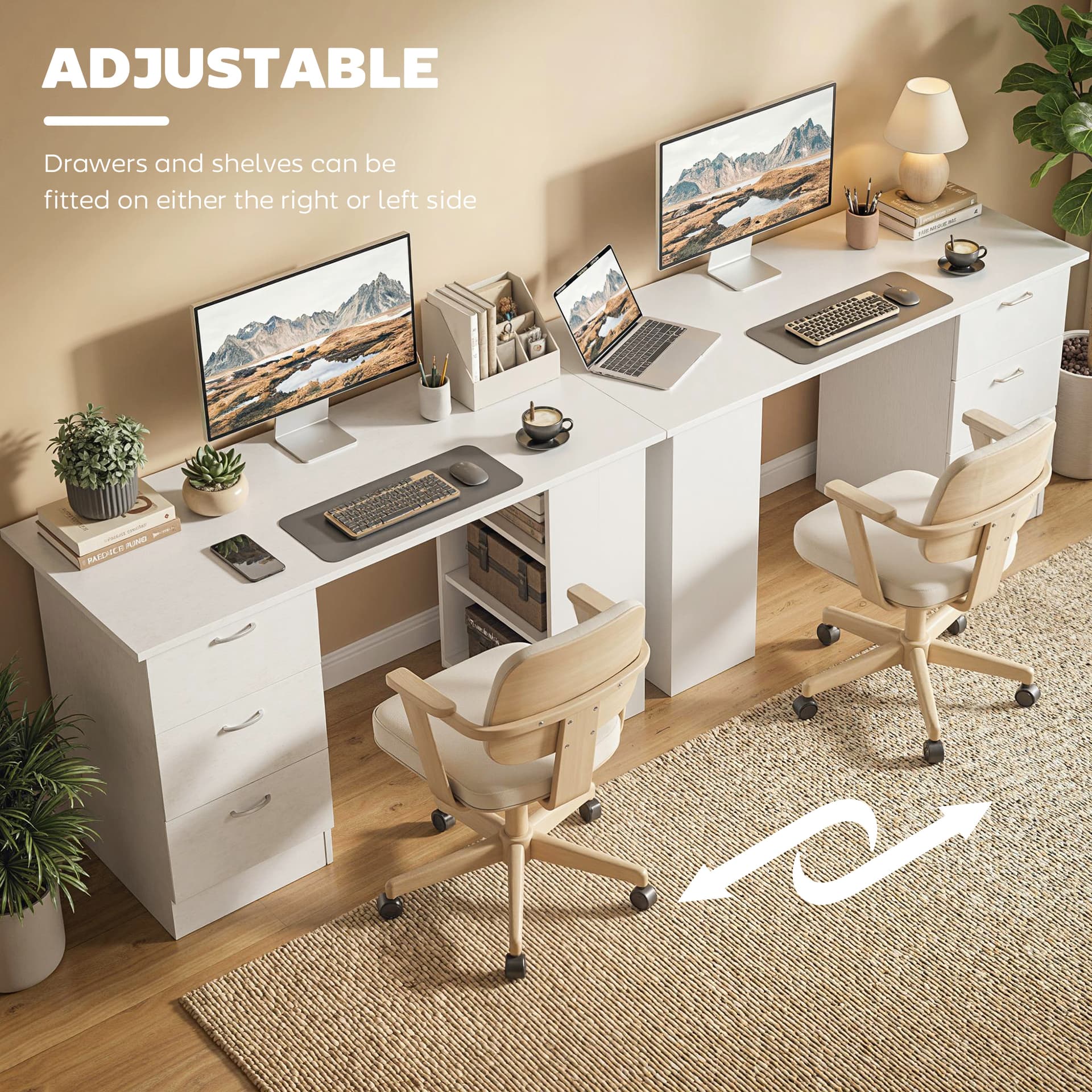 Computer Desk, 47" Writing Table with 3-Tier Shelves and 3 Reversible Drawers for Home Office, Bedroom, White