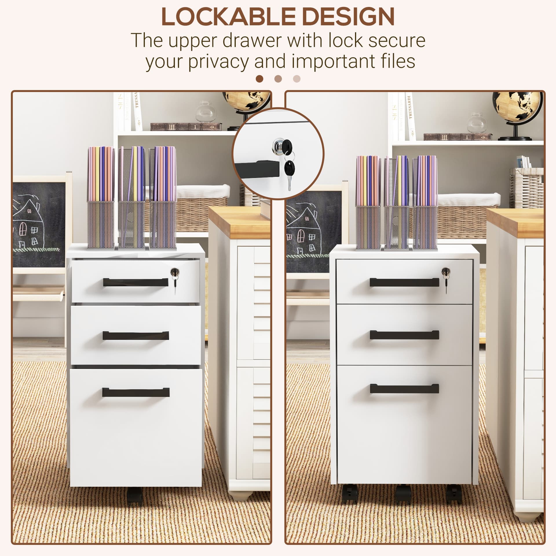 Lockable Vertical File Cabinet with Lock, 3 Drawer Filing Cabinet with Hanging Bars for Letter and A4 Size, White
